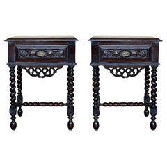 20th Century Pair of Solid Carved French Nightstands with Solomonic Columns