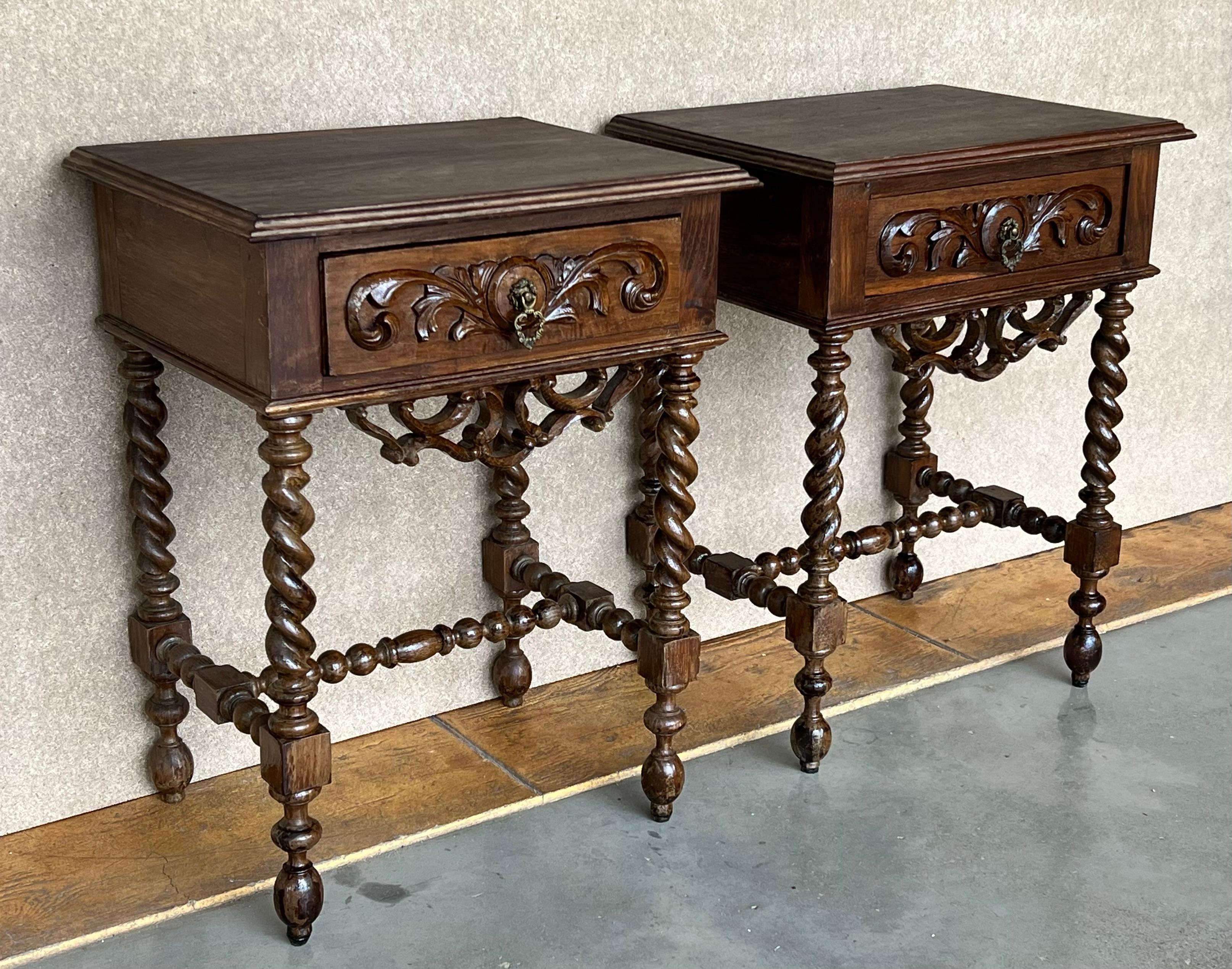 French Provincial 20th Century Pair of Solid Carved French Nightstands with Turned Columns For Sale