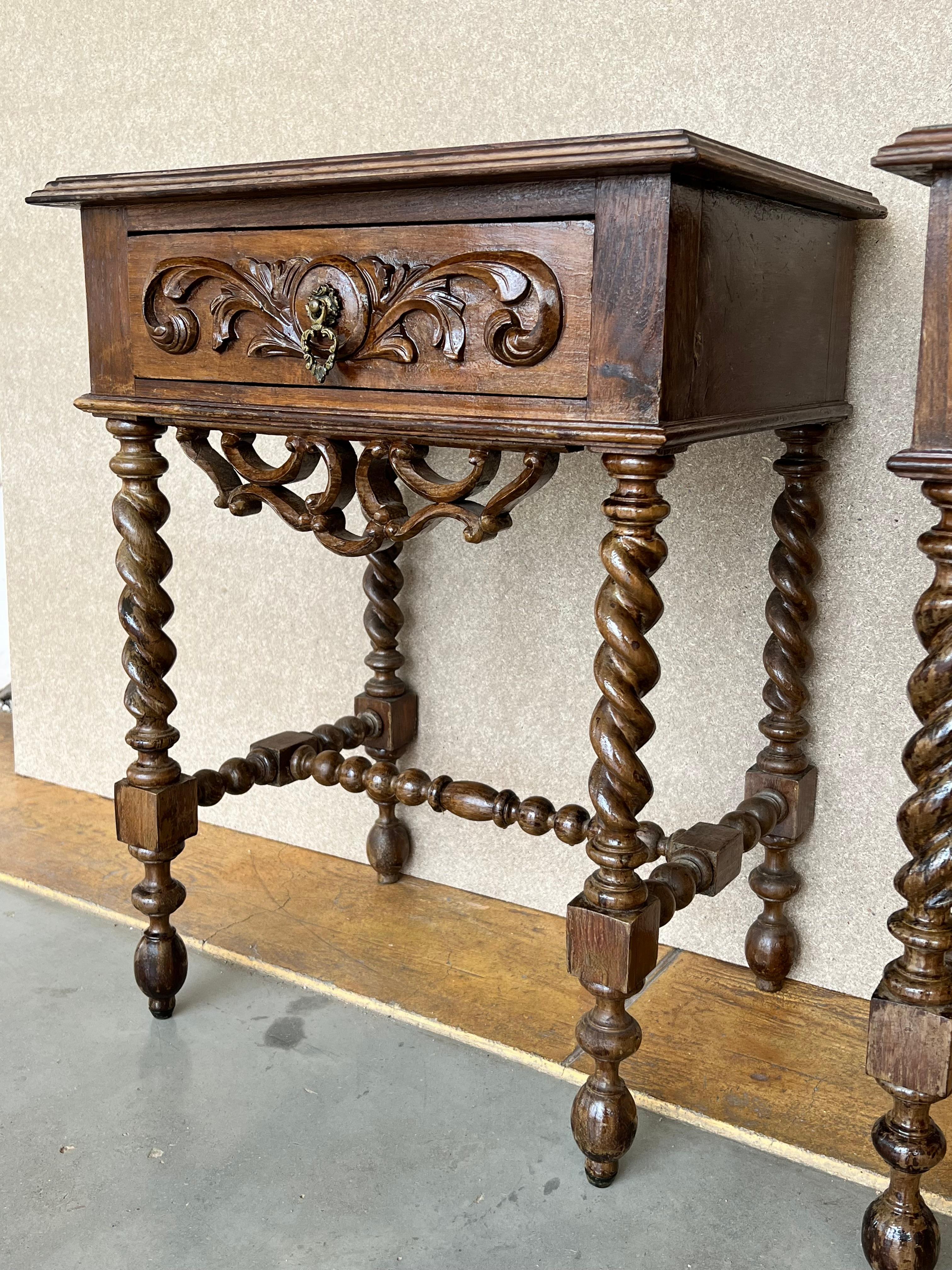 20th Century Pair of Solid Carved French Nightstands with Turned Columns For Sale 1