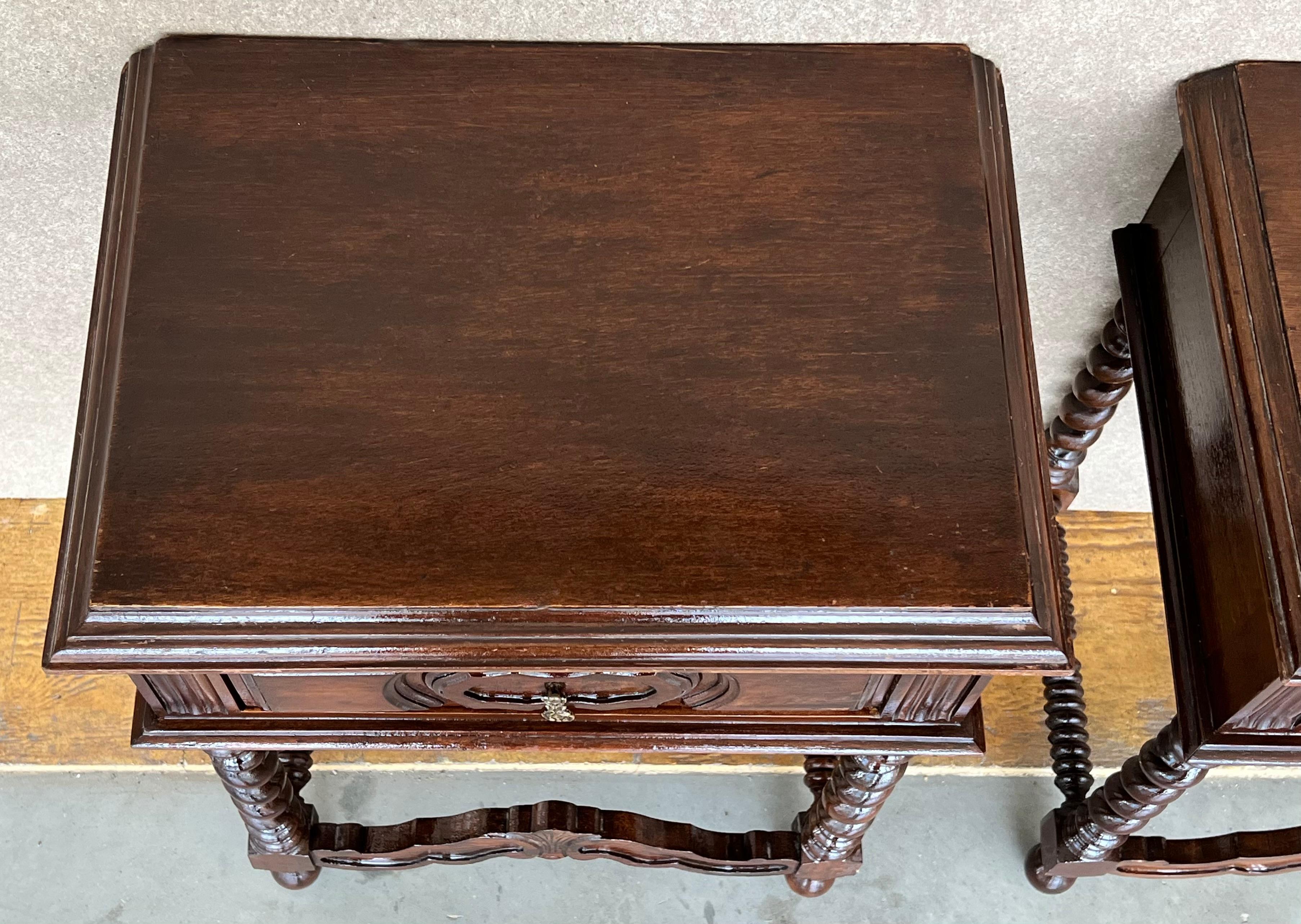 20th Century Pair of Solid Carved French Nightstands with Turned Columns 1