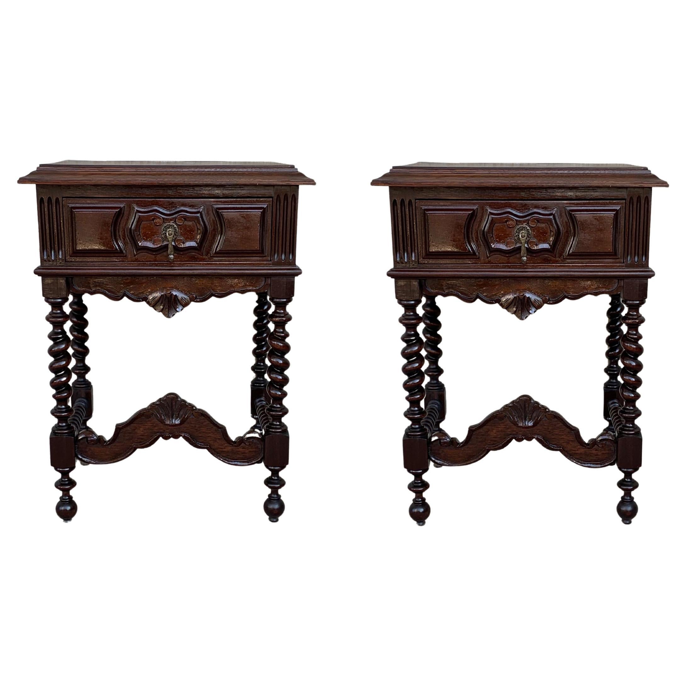 20th Century Pair of Solid Carved French Nightstands with Turned Columns