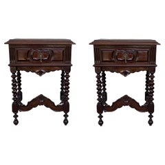 Antique 20th Century Pair of Solid Carved French Nightstands with Turned Columns