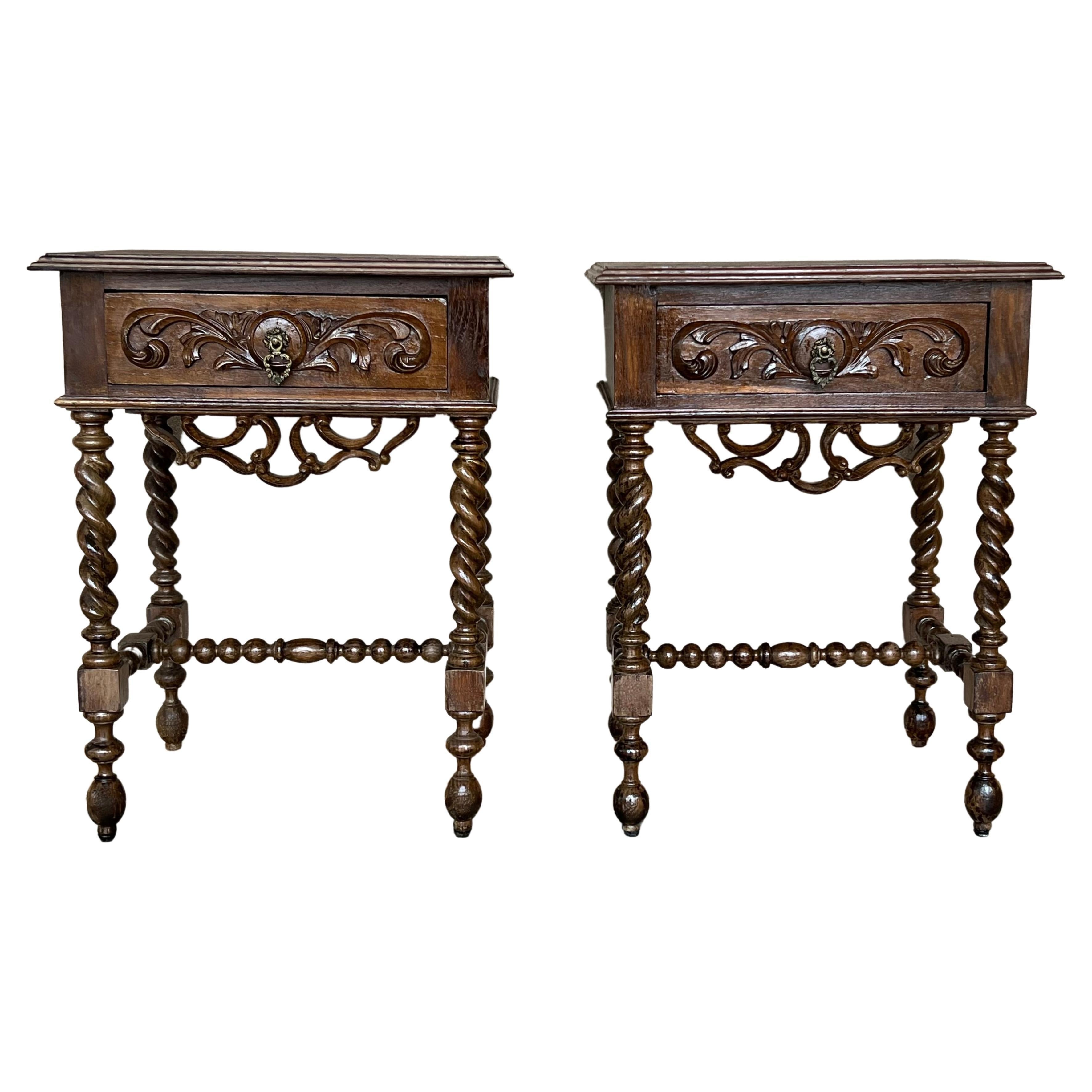 20th Century Pair of Solid Carved French Nightstands with Turned Columns For Sale