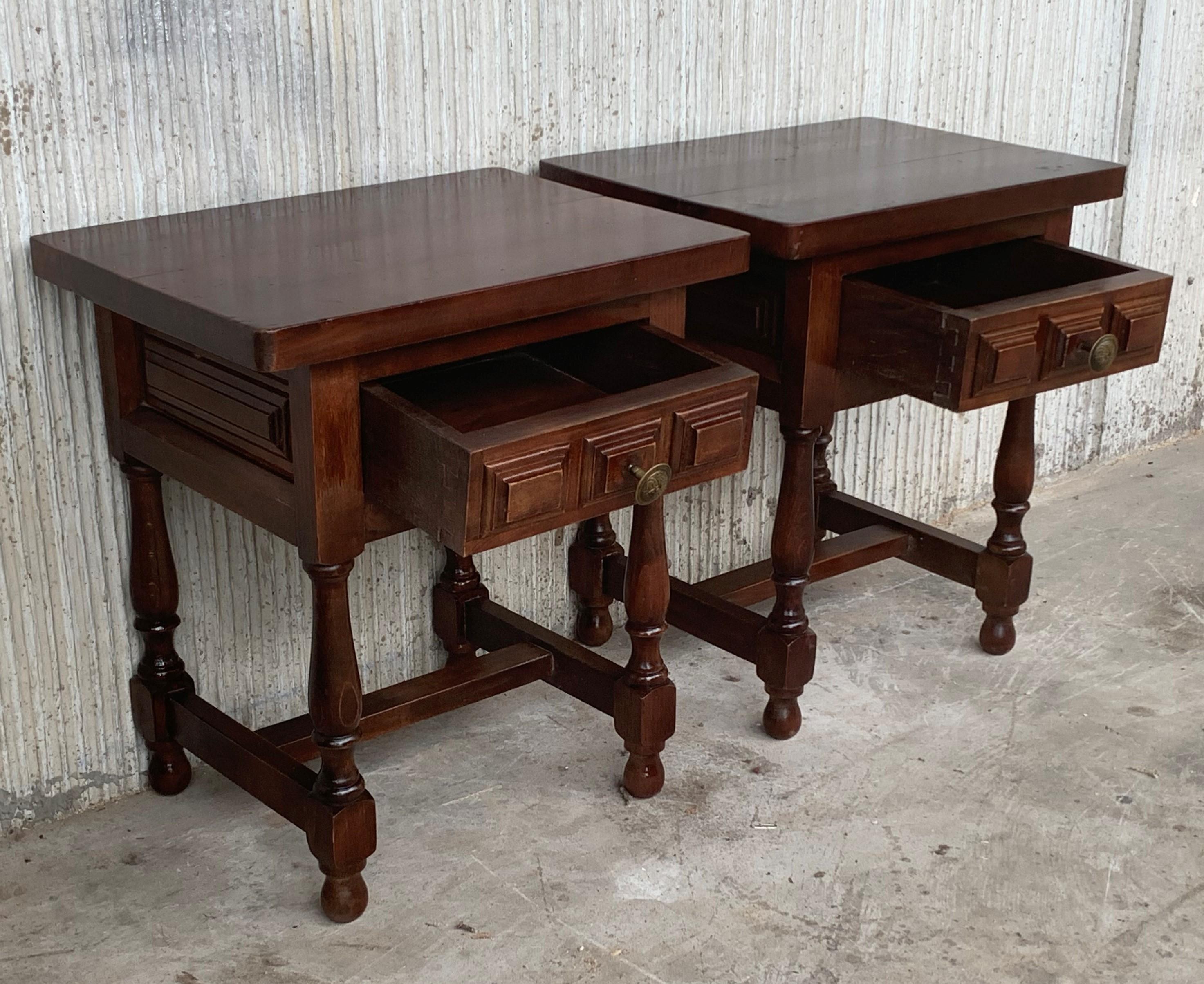 Carved 20th Century Pair of Spanish Country, Rustic Nightstands with Drawer