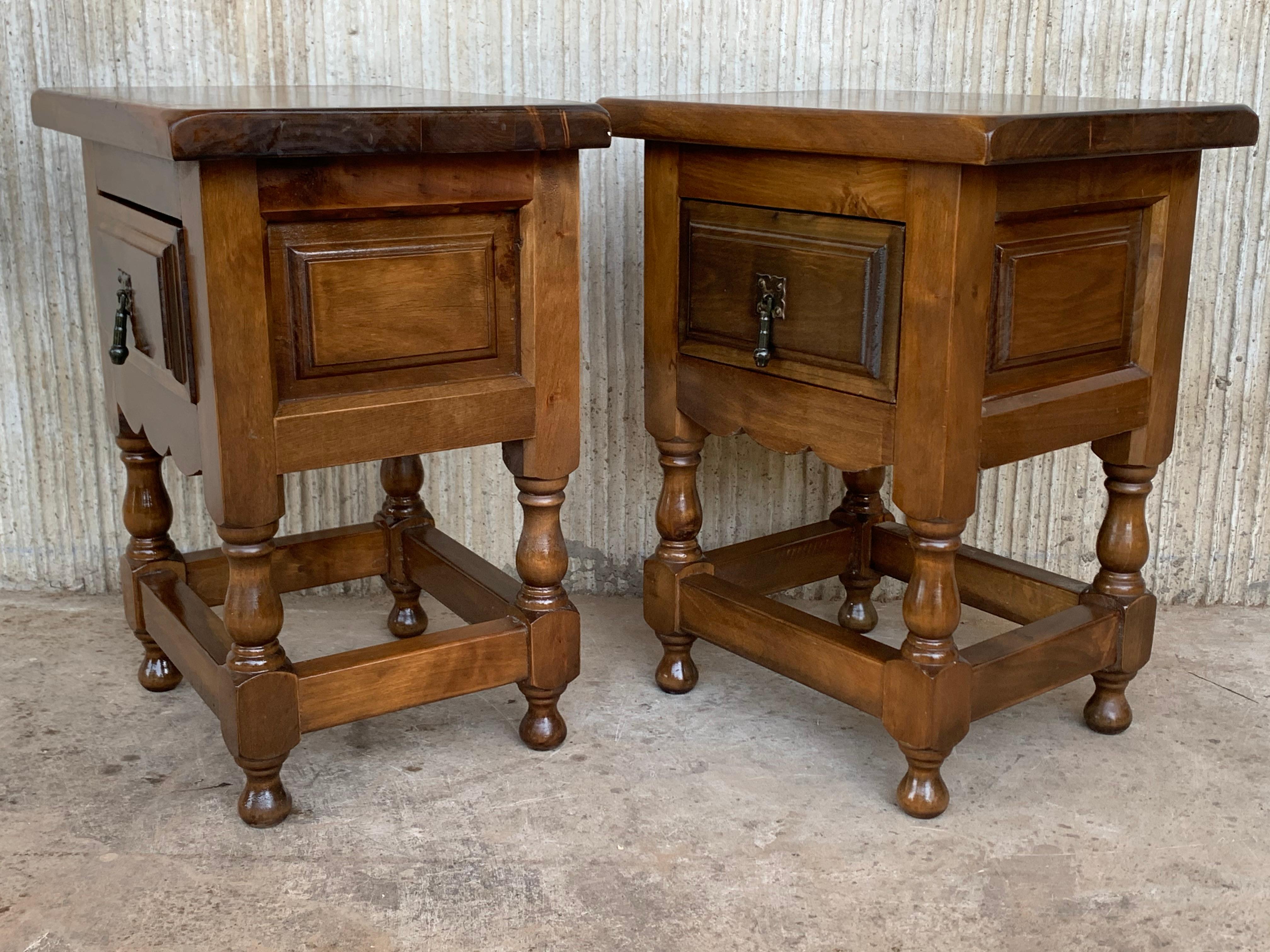 Spanish Colonial 20th Century Pair of Spanish Nightstands with Carved Drawer and Iron Hardware