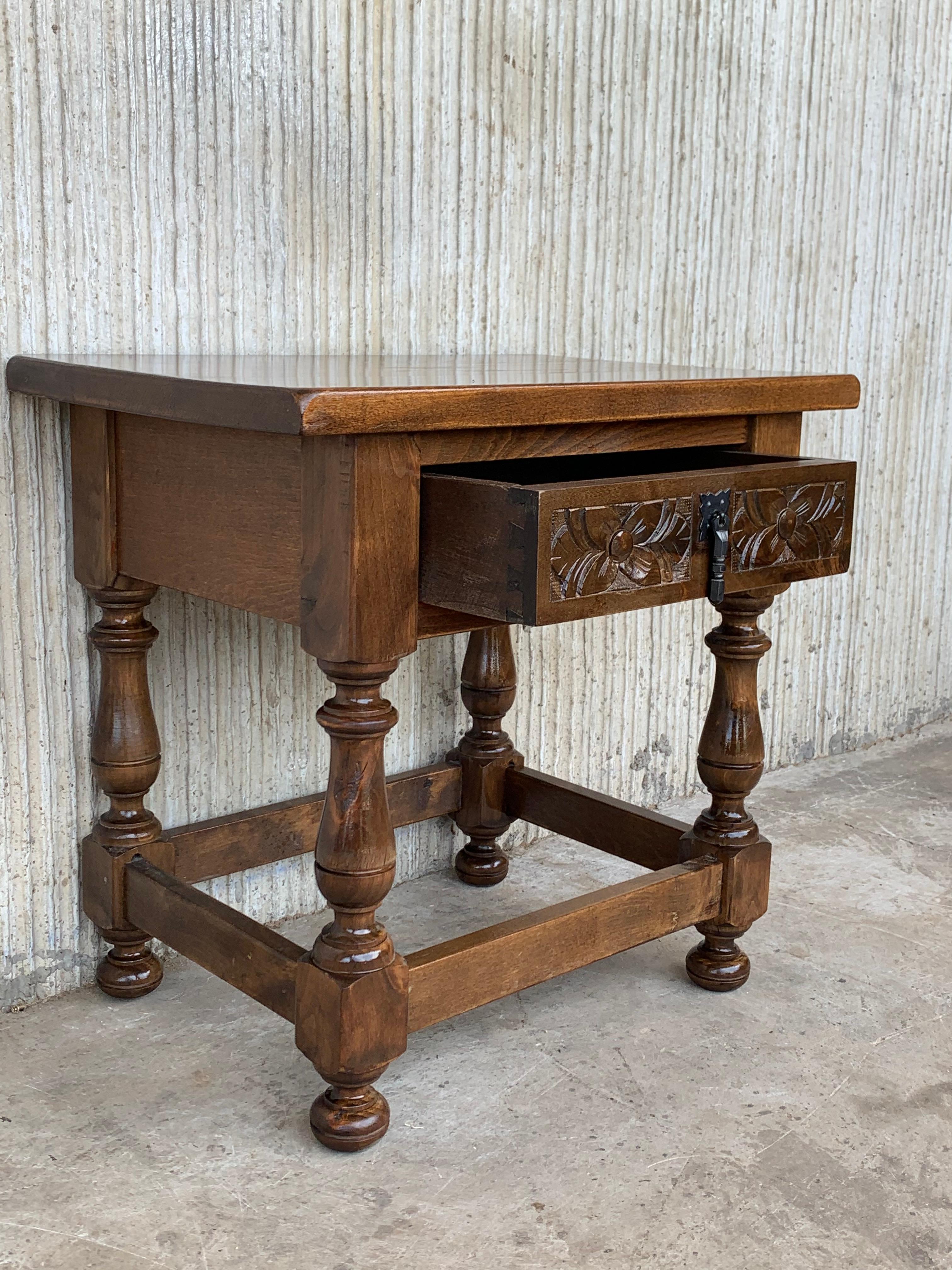19th Century 20th Century Pair of Spanish Nightstands with Carved Drawer and Iron Hardware