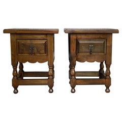 20th Century Pair of Spanish Nightstands with Carved Drawer and Iron Hardware