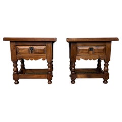 20th Century Pair of Spanish Nightstands with Carved Drawer and Iron Hardware