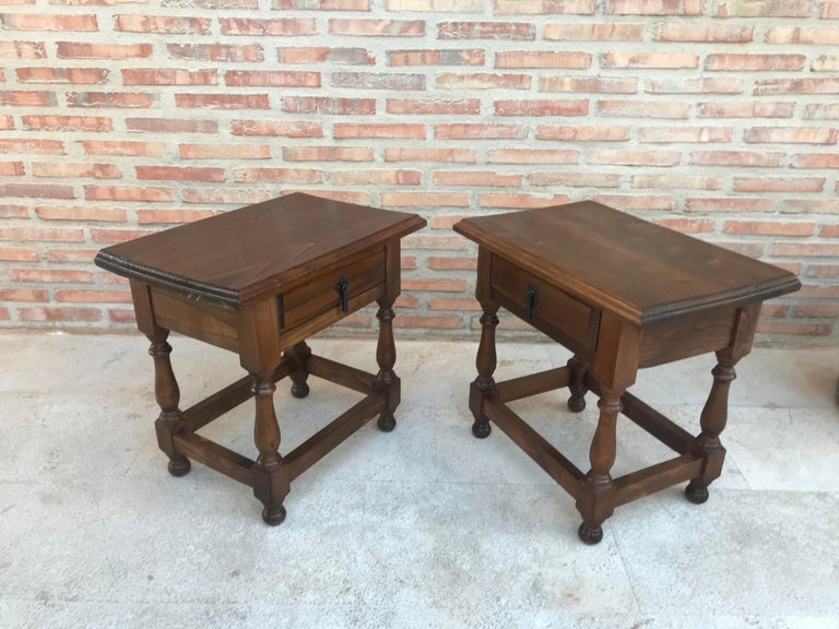 20th Century Pair of Spanish Nightstands with Drawer and Iron Hardware