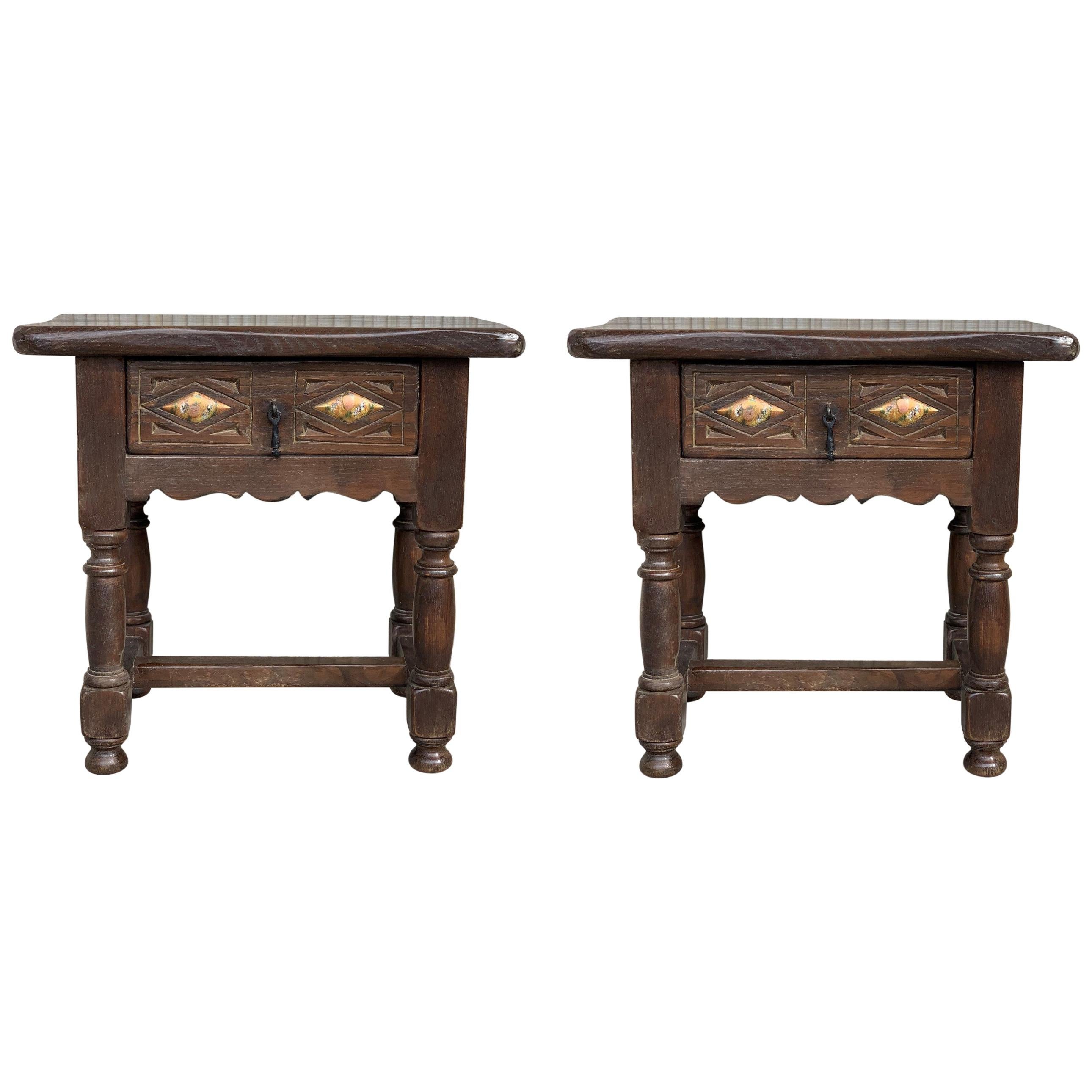 20th Century Pair of Spanish Nightstands with Drawer and Iron Hardware