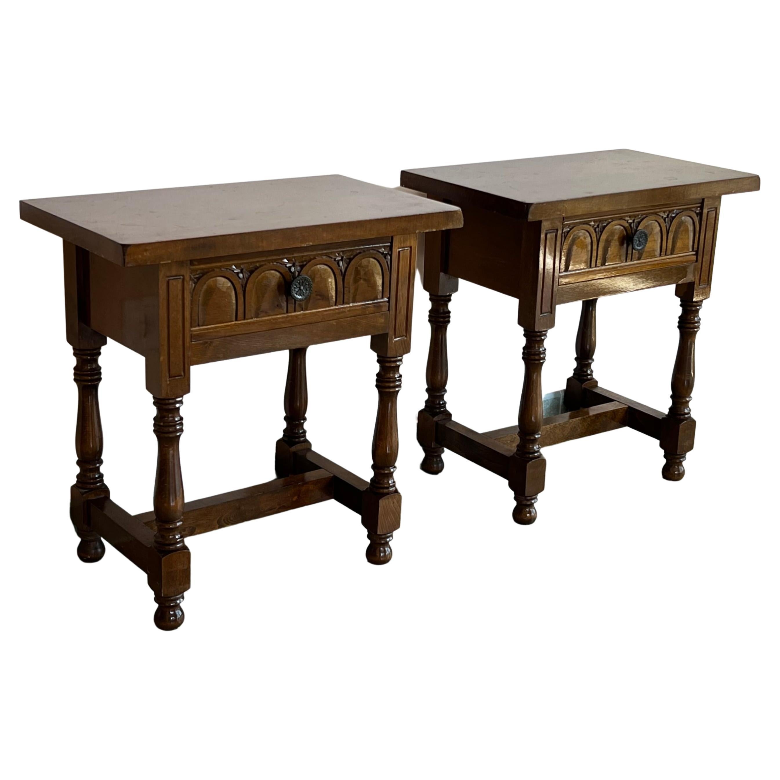 20th Century Pair of Spanish Nightstands with Drawer and Iron Hardware