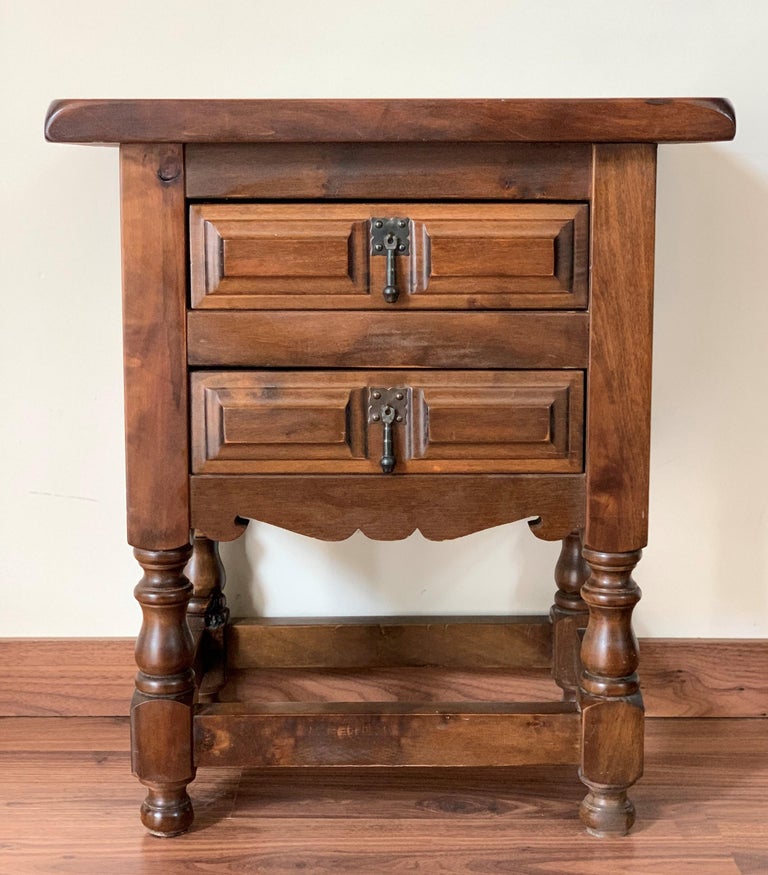 20th Century Pair of Spanish Nightstands with Two Drawers and Iron