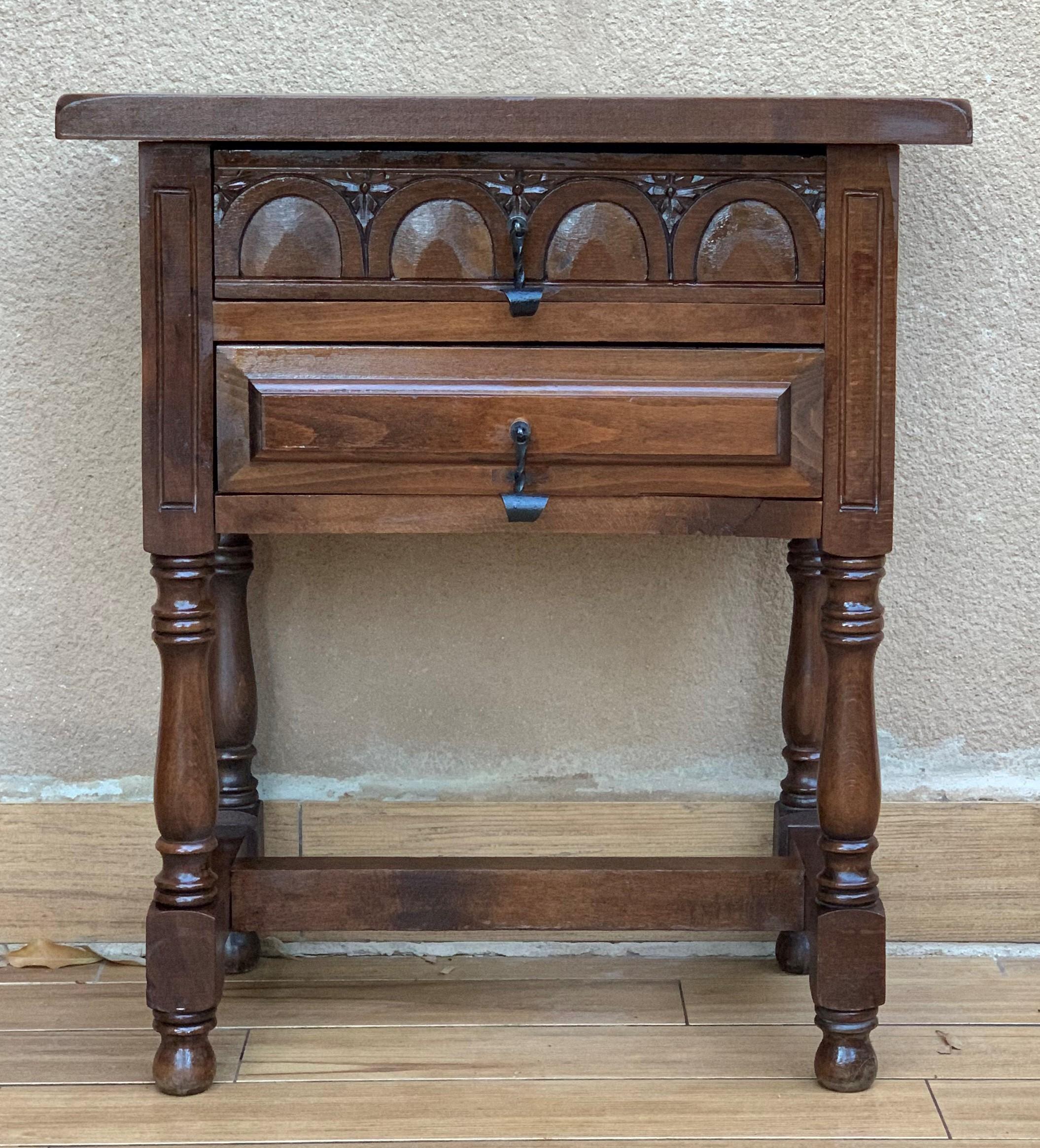 Spanish Colonial 20th Century Pair of Spanish Nightstands with Two Drawers and Iron Hardware