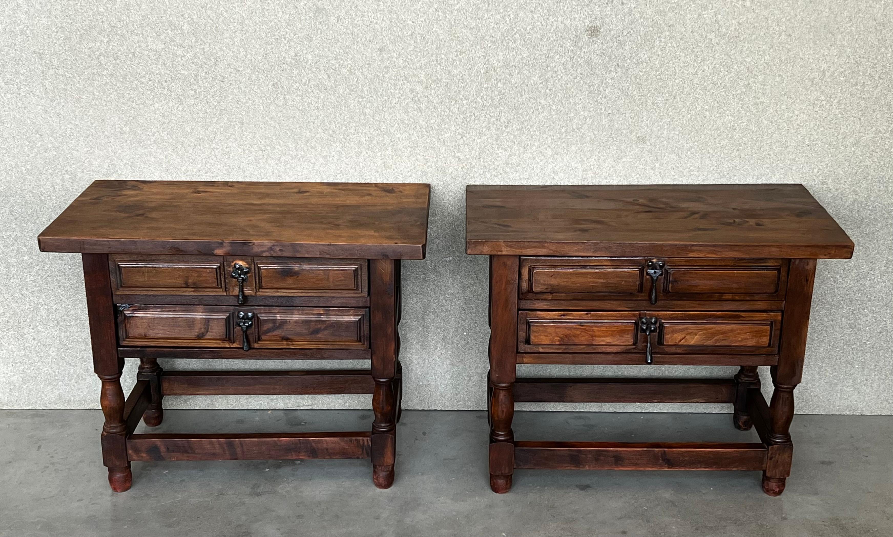 Spanish Colonial 20th Century Pair of Spanish Nightstands with Two Drawers and Iron Hardware For Sale