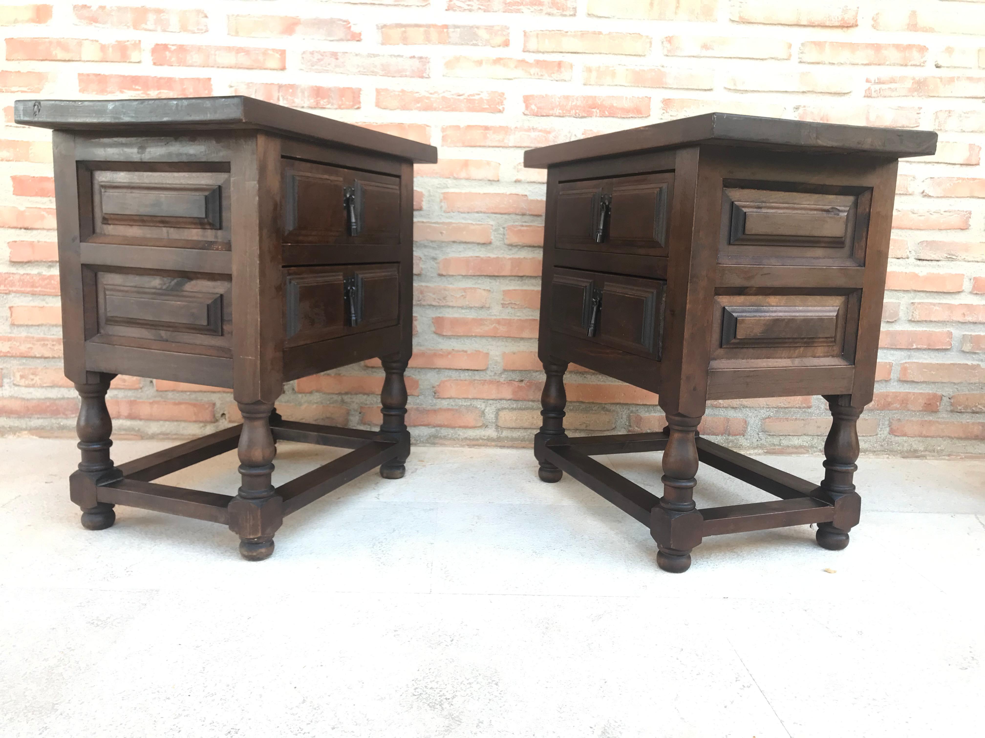 Spanish Colonial 20th Century Pair of Spanish Nightstands with Two Drawers and Iron Hardware
