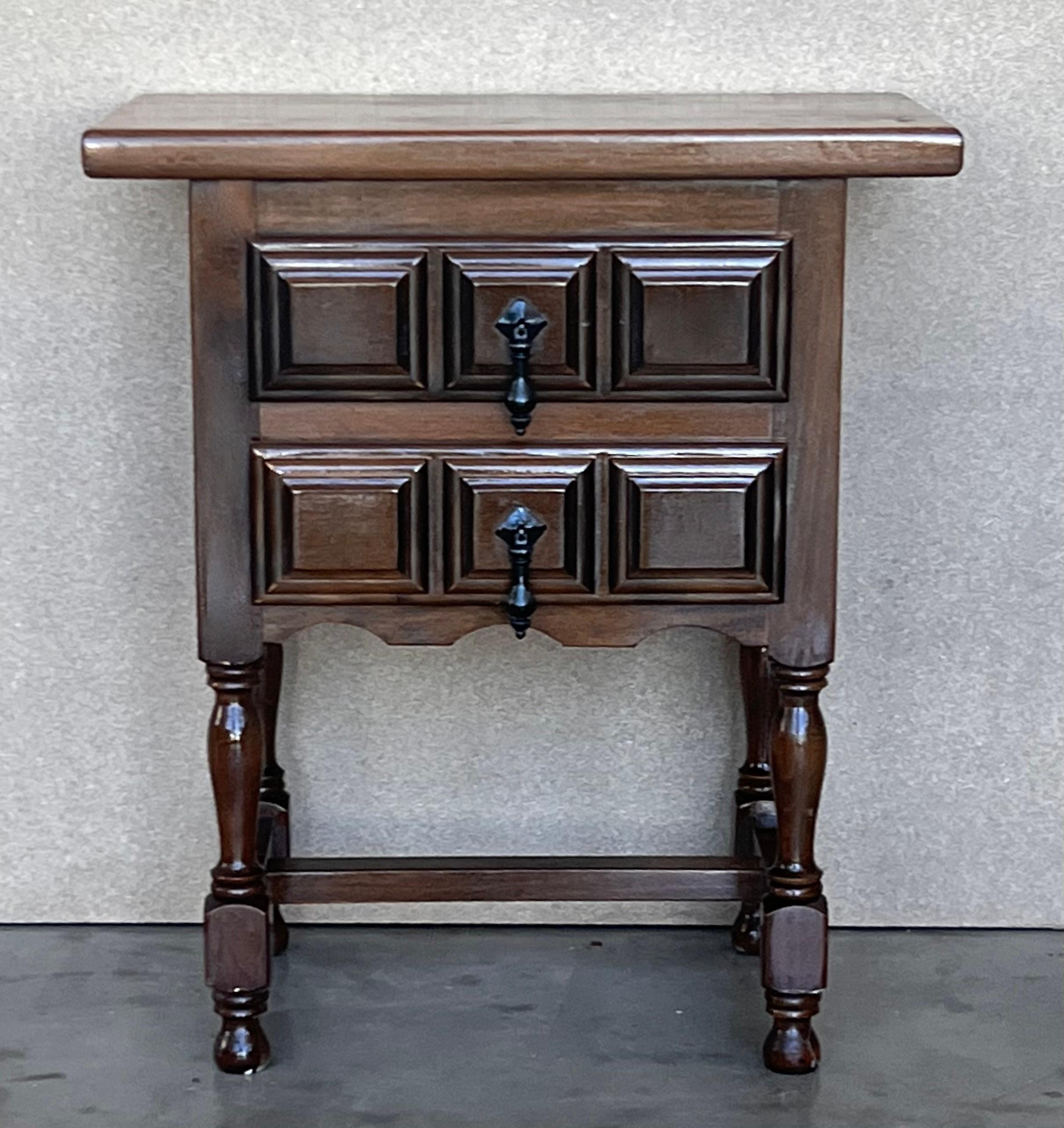 Carved 20th Century Pair of Spanish Nightstands with Two Drawers and Iron Hardware