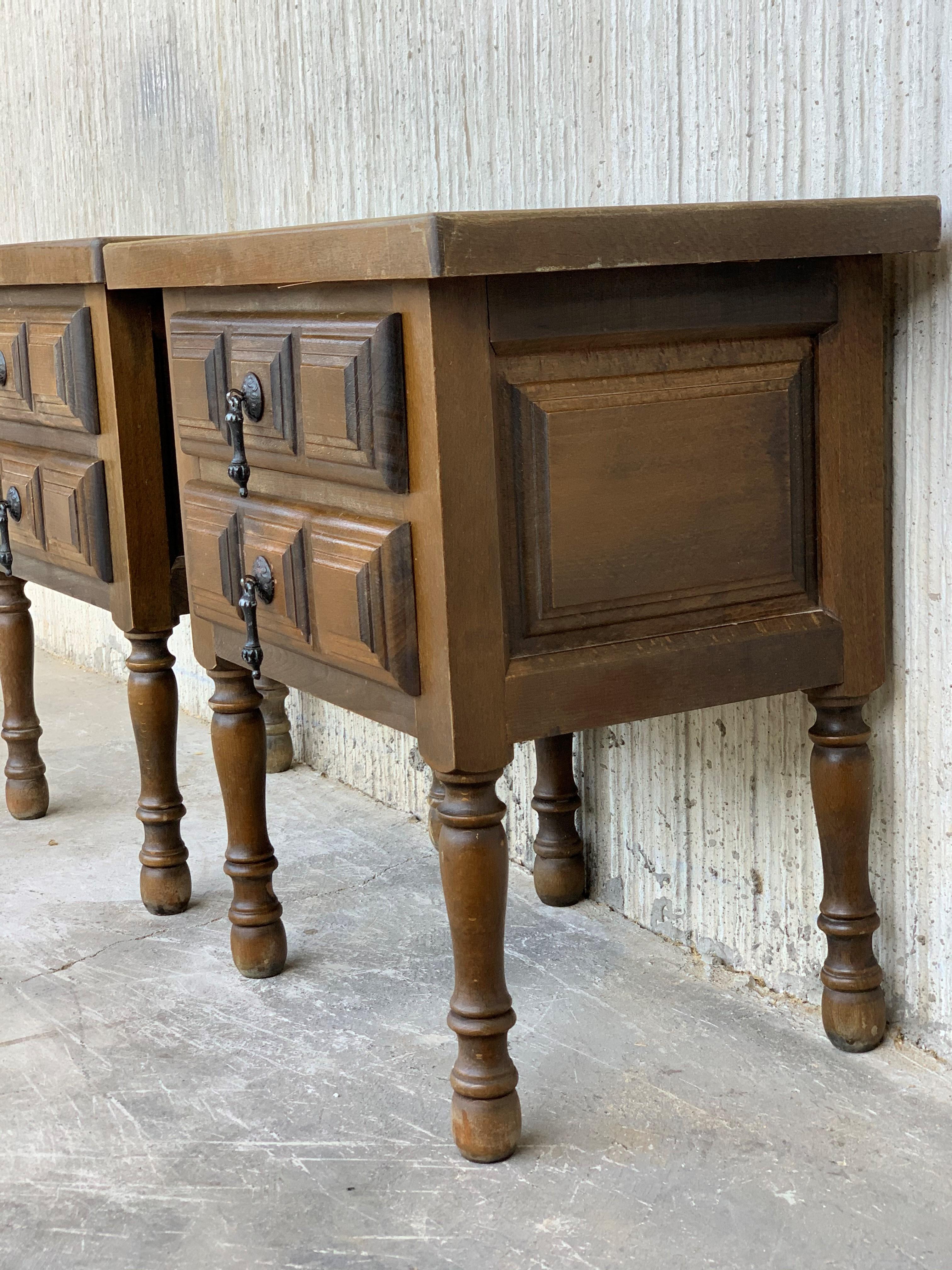 20th Century Pair of Spanish Nightstands with Two Drawers and Iron Hardware 1