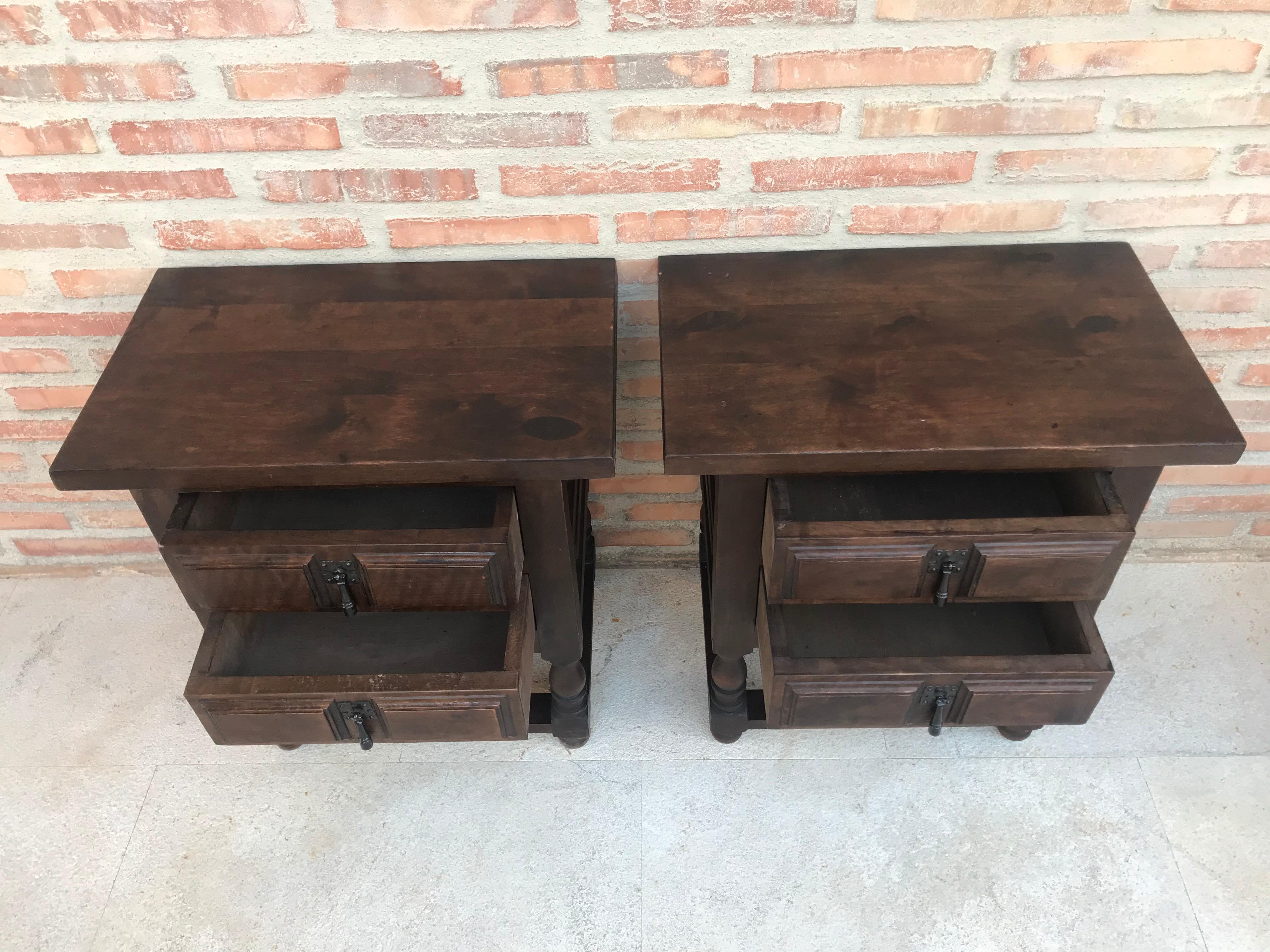 20th Century Pair of Spanish Nightstands with Two Drawers and Iron Hardware 1