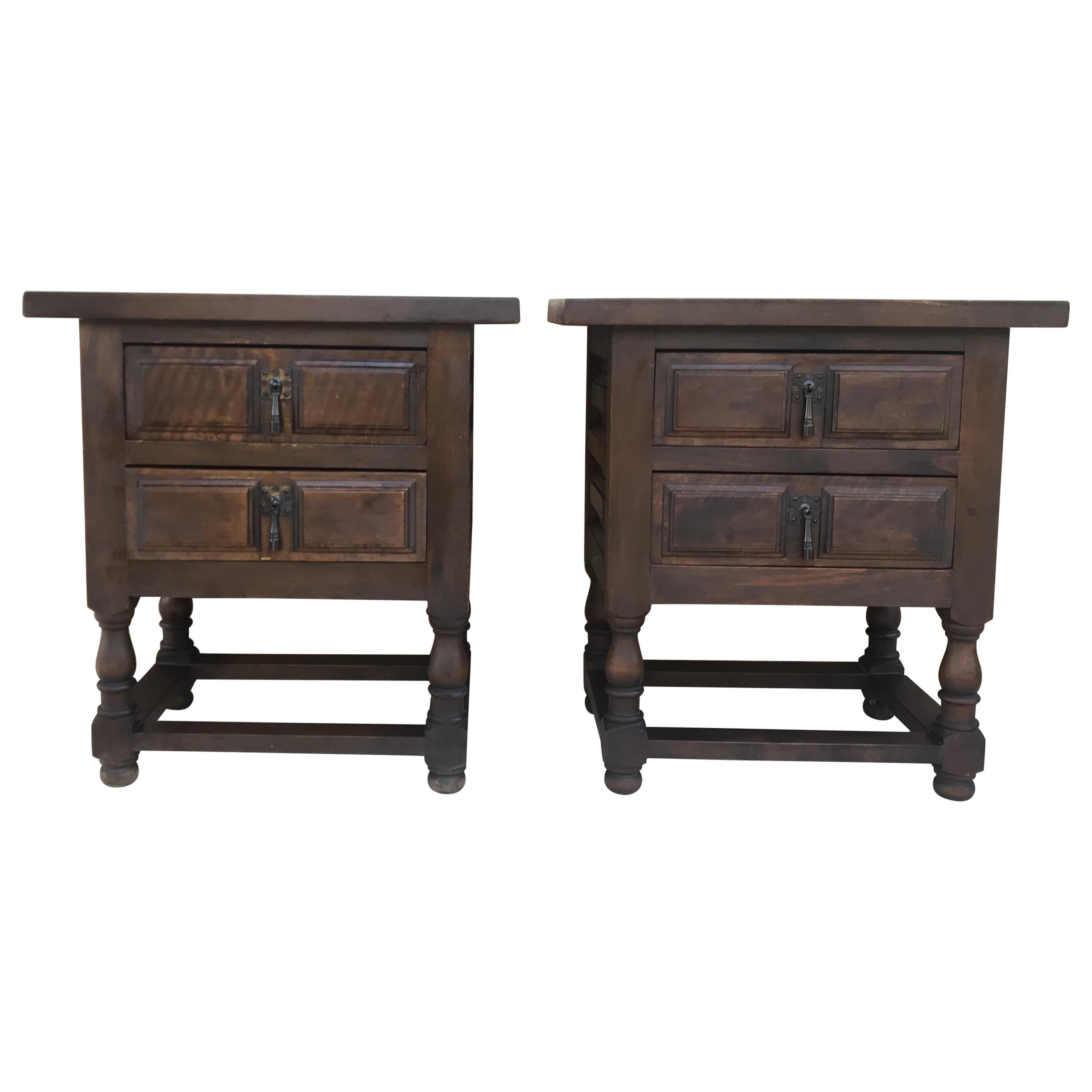 20th Century Pair of Spanish Nightstands with Two Drawers and Iron Hardware