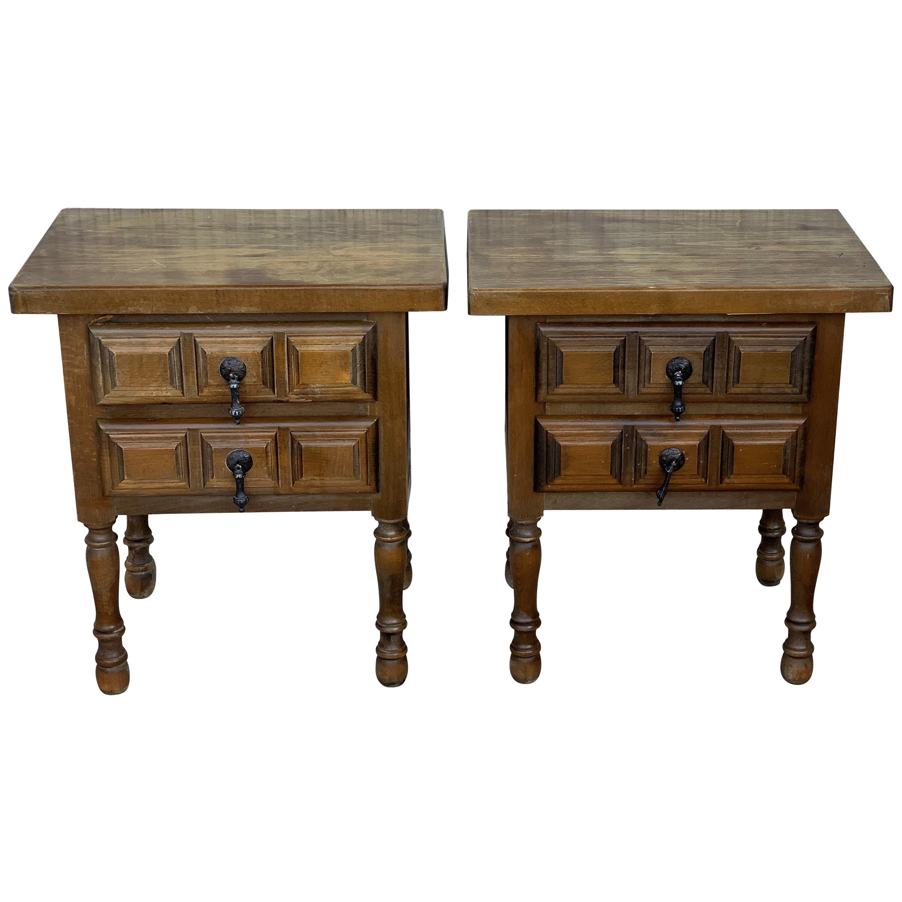 20th Century Pair of Spanish Nightstands with Two Drawers and Iron Hardware