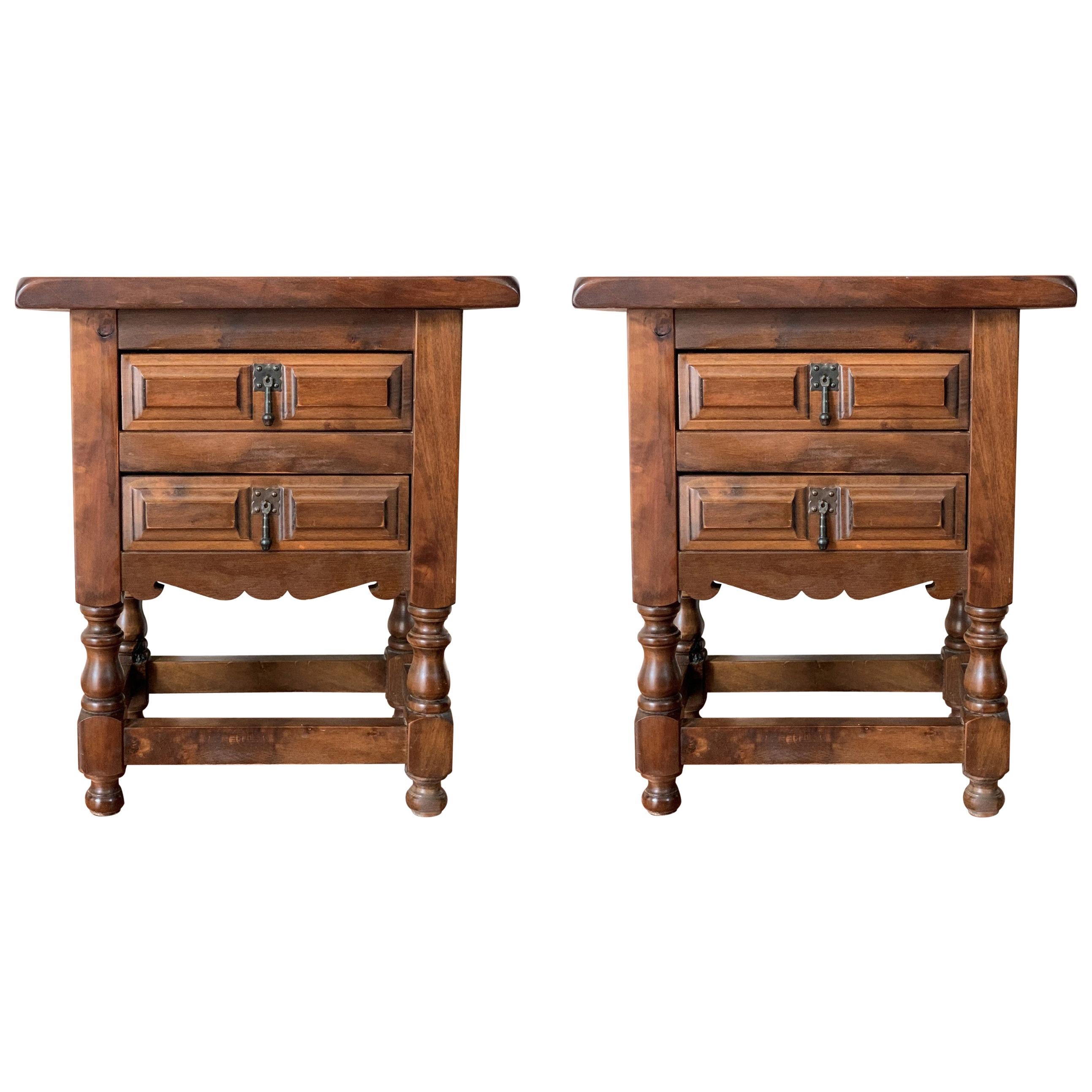 20th Century Pair of Spanish Nightstands with Two Drawers and Iron