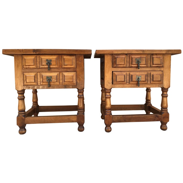 20th Century Pair of Spanish Nightstands with Two Drawers and Iron