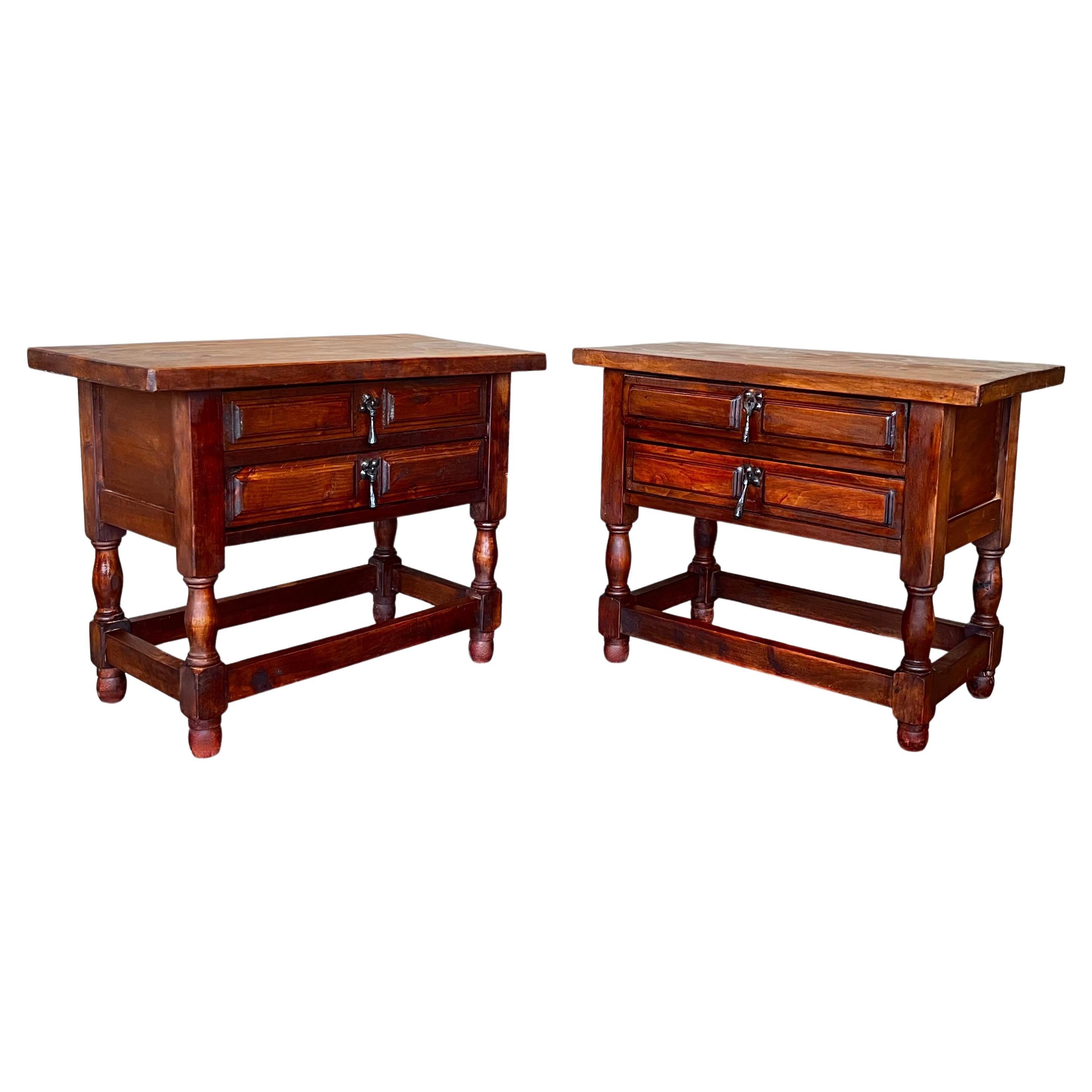 20th Century Pair of Spanish Nightstands with Two Drawers and Iron Hardware