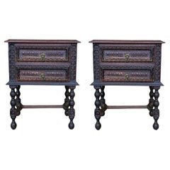 20th Century Pair of Spanish Nightstands with Two Drawers and Iron Hardware
