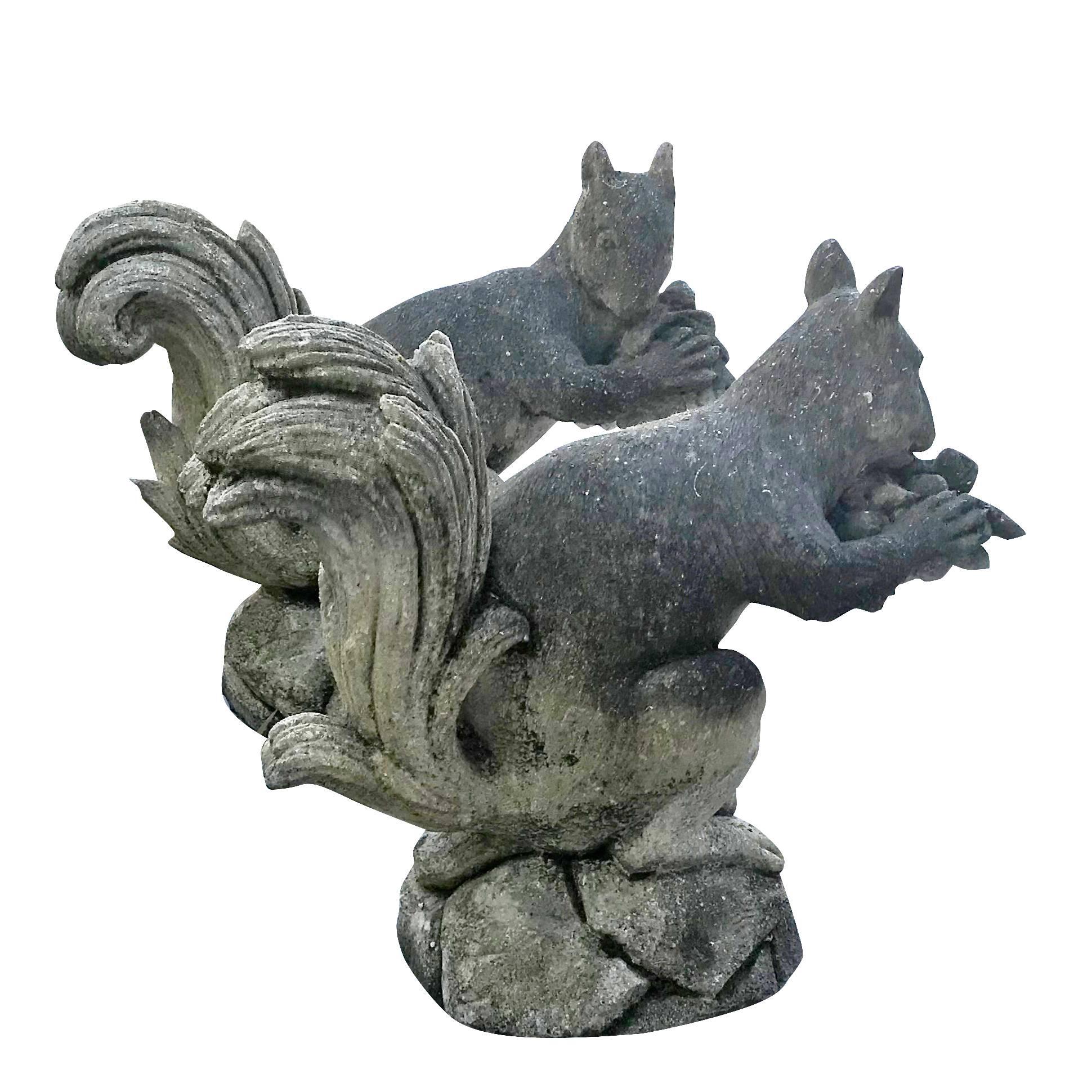 Hand-Carved 20th Century Pair of Squirrels in Limestone