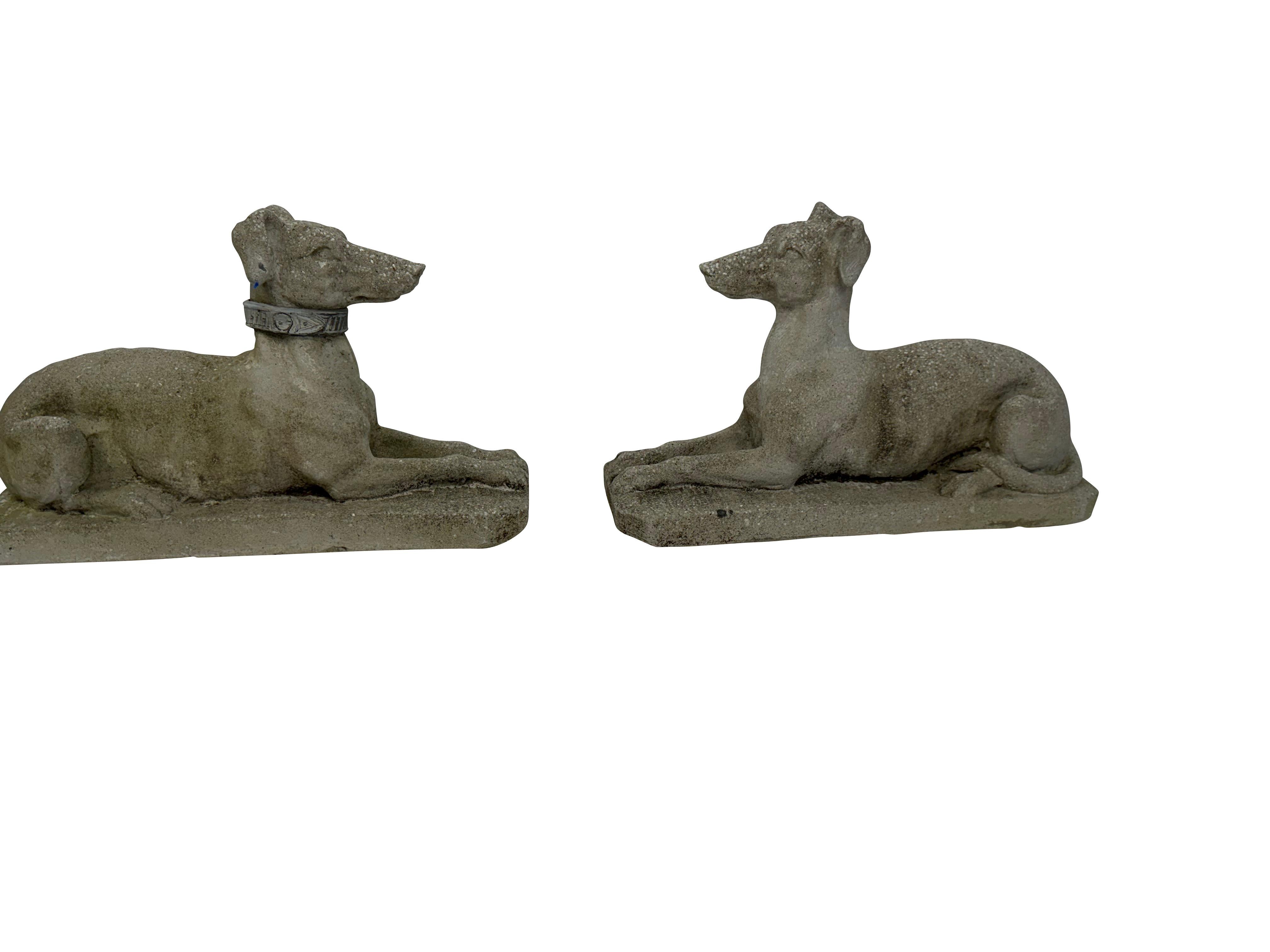 Lovely pair of early 20th century cast stone greyhound dogs in a reclining position.  Perhaps Italian miniature greyhounds.  One with an intricate collar the other is missing the collar or seems to be just the way they were created.  Wonderful