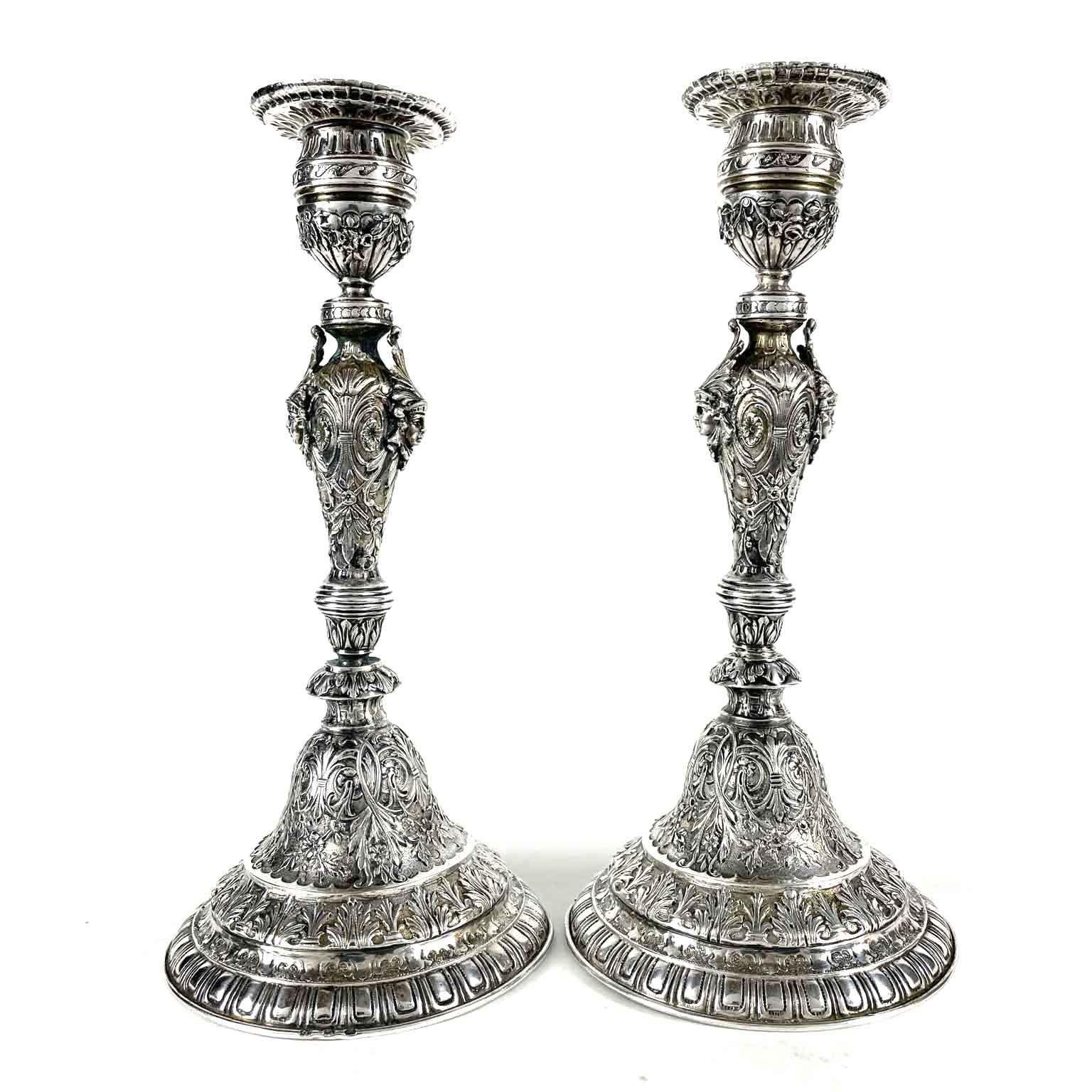 20th Century Pair of Swiss Silver Candlesticks with Native American Indian Heads For Sale 6