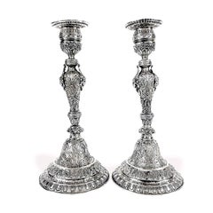 20th Century Pair of Swiss Silver Candlesticks with Native American Indian Heads