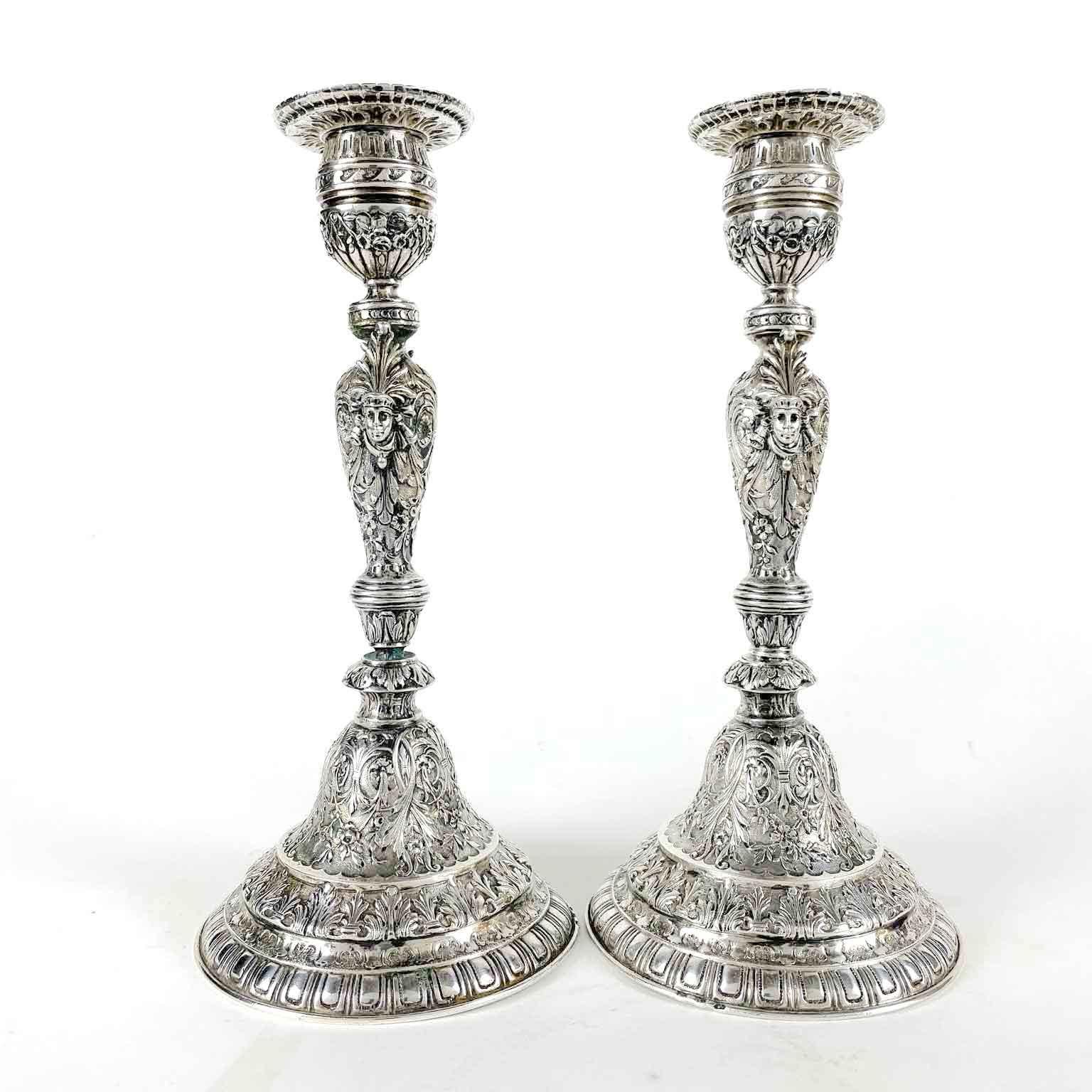 Cast 20th Century Pair of Swiss Silver Candlesticks with Native American Indian Heads For Sale