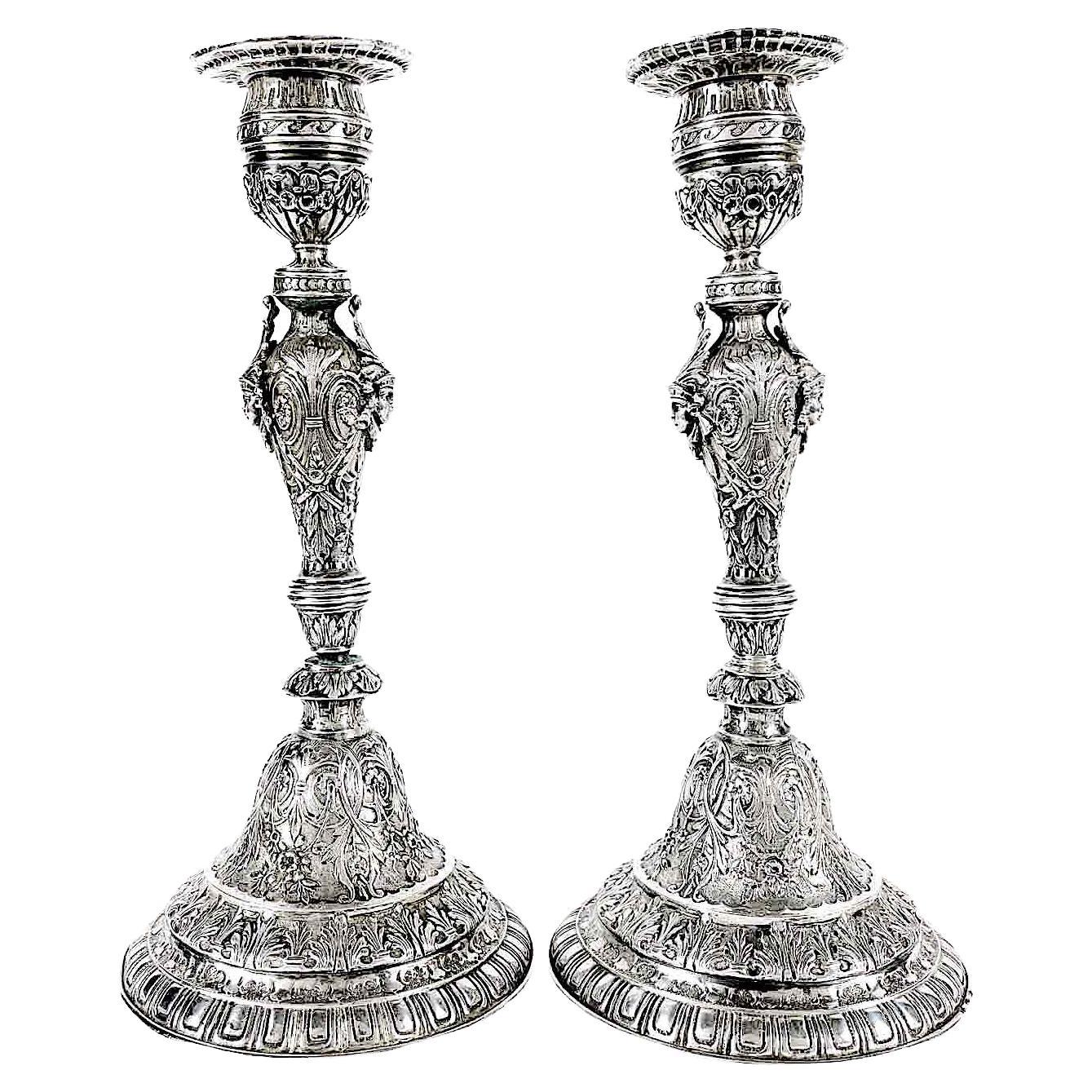 20th Century Pair of Swiss Silver Candlesticks with Native American Indian Heads For Sale
