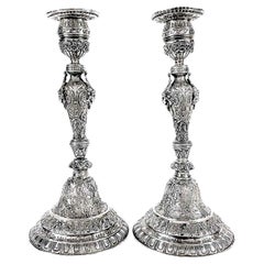 Antique 20th Century Pair of Swiss Silver Candlesticks with Native American Indian Heads