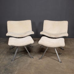 20th Century Pair of Swivel Chairs & Foot Rests in Natural Shearling, 1980s