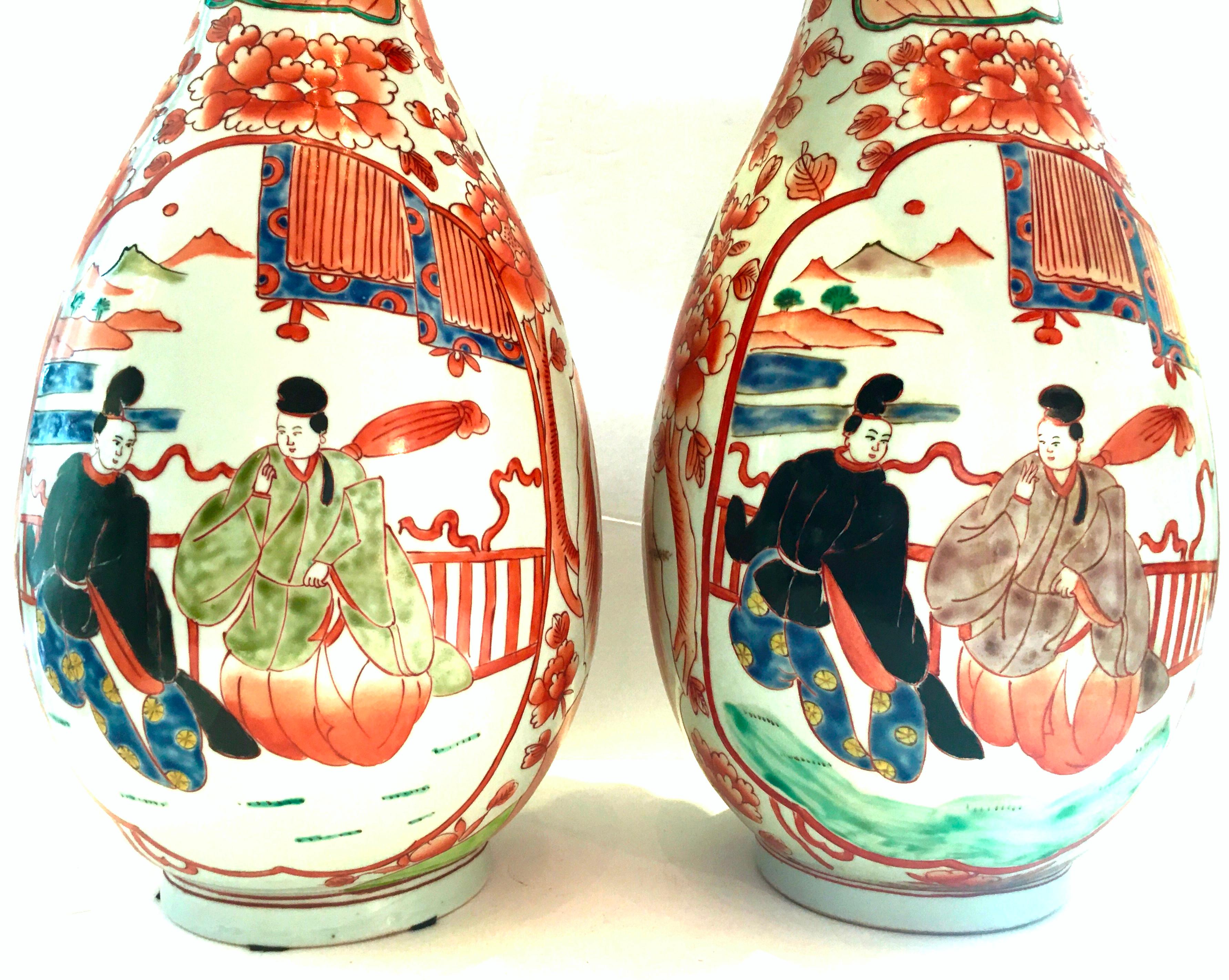Hand-Painted 20th Century Pair of Tall Japanese Imari Hand Painted Porcelain Vases For Sale