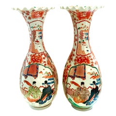 20th Century Pair of Tall Japanese Imari Hand Painted Porcelain Vases