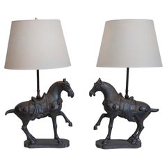 Vintage 20th Century Pair of Tang Dynasty-Style Horse Table Lamps