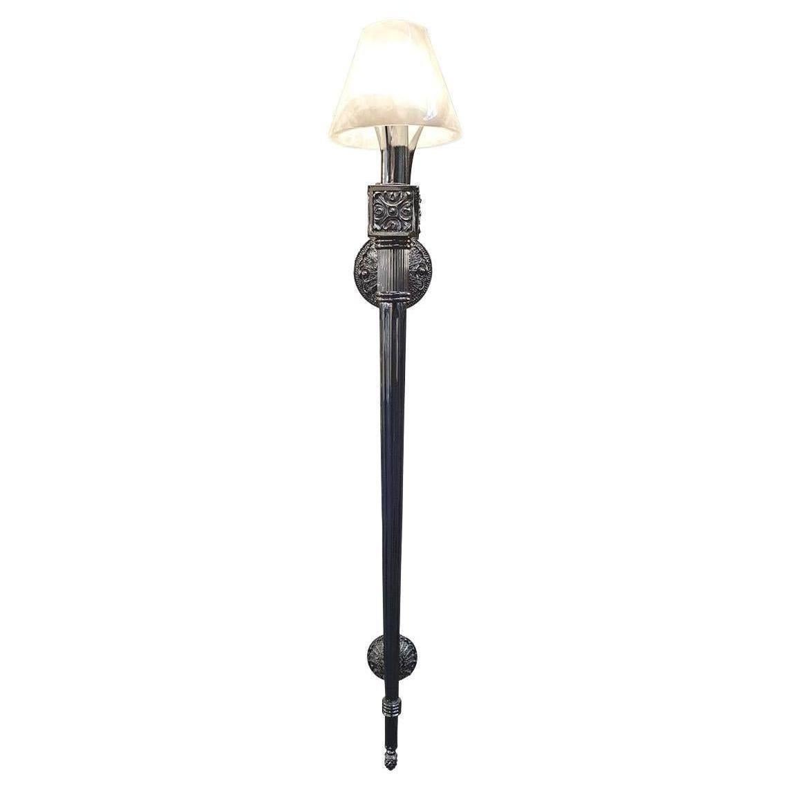 20th Century Pair of Torches Wall Lamp in Black Nickel Bronze and Rock Crystal