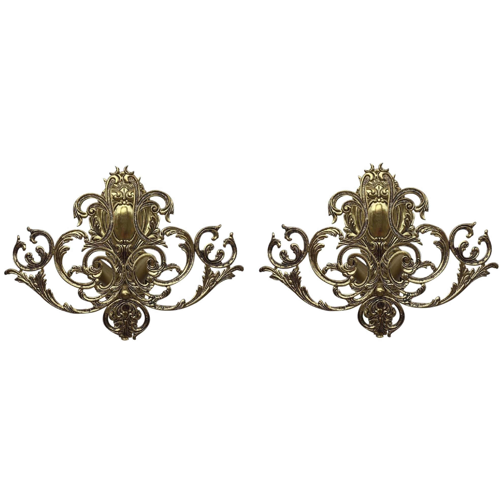 20th Century Pair of Two Lights Baroque Bronze Sconces with Bronze Lampshades