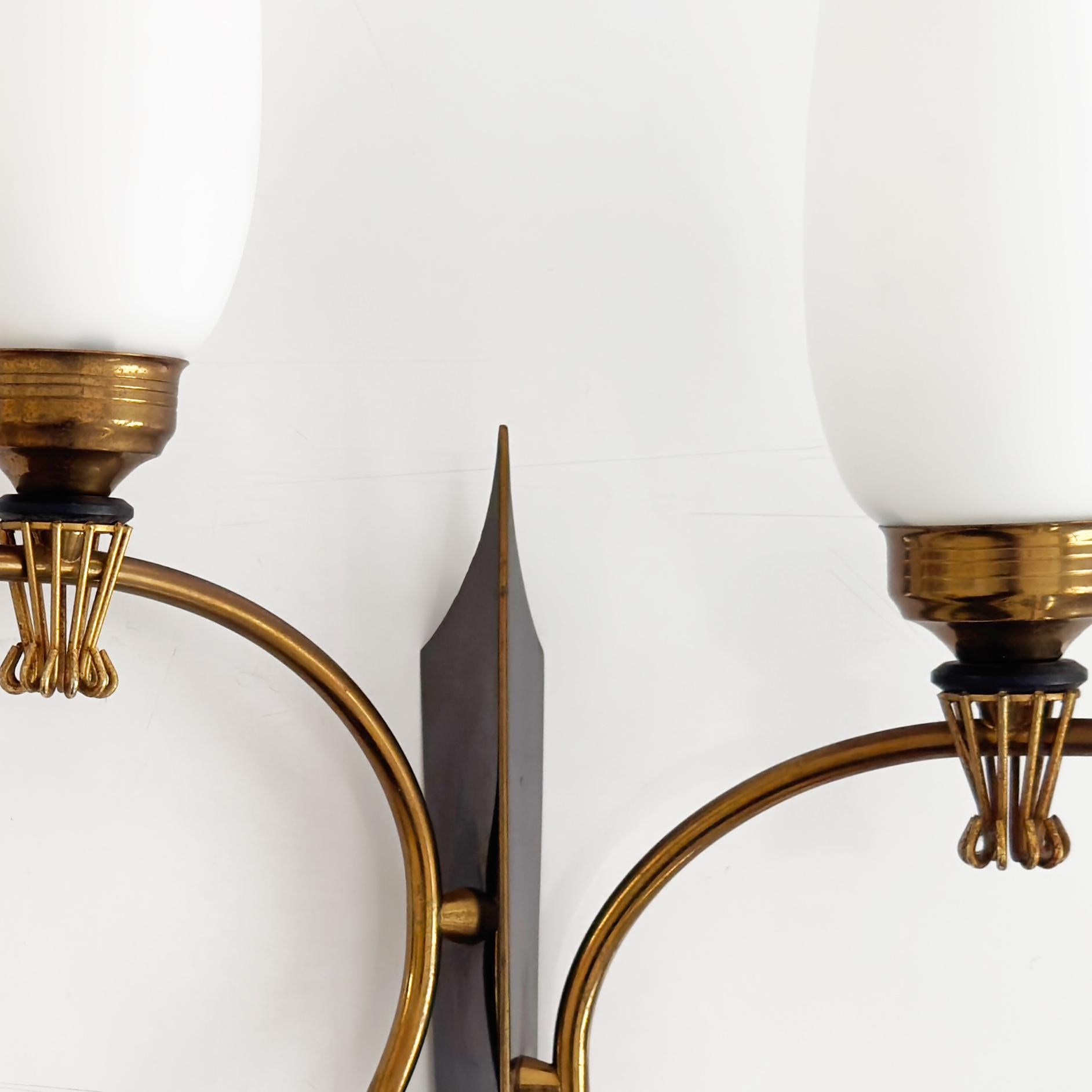 Gilt 20th Century Pair of Wall Lamps by Maison Arlus in Gilded Brass & Opaline, 1960s For Sale