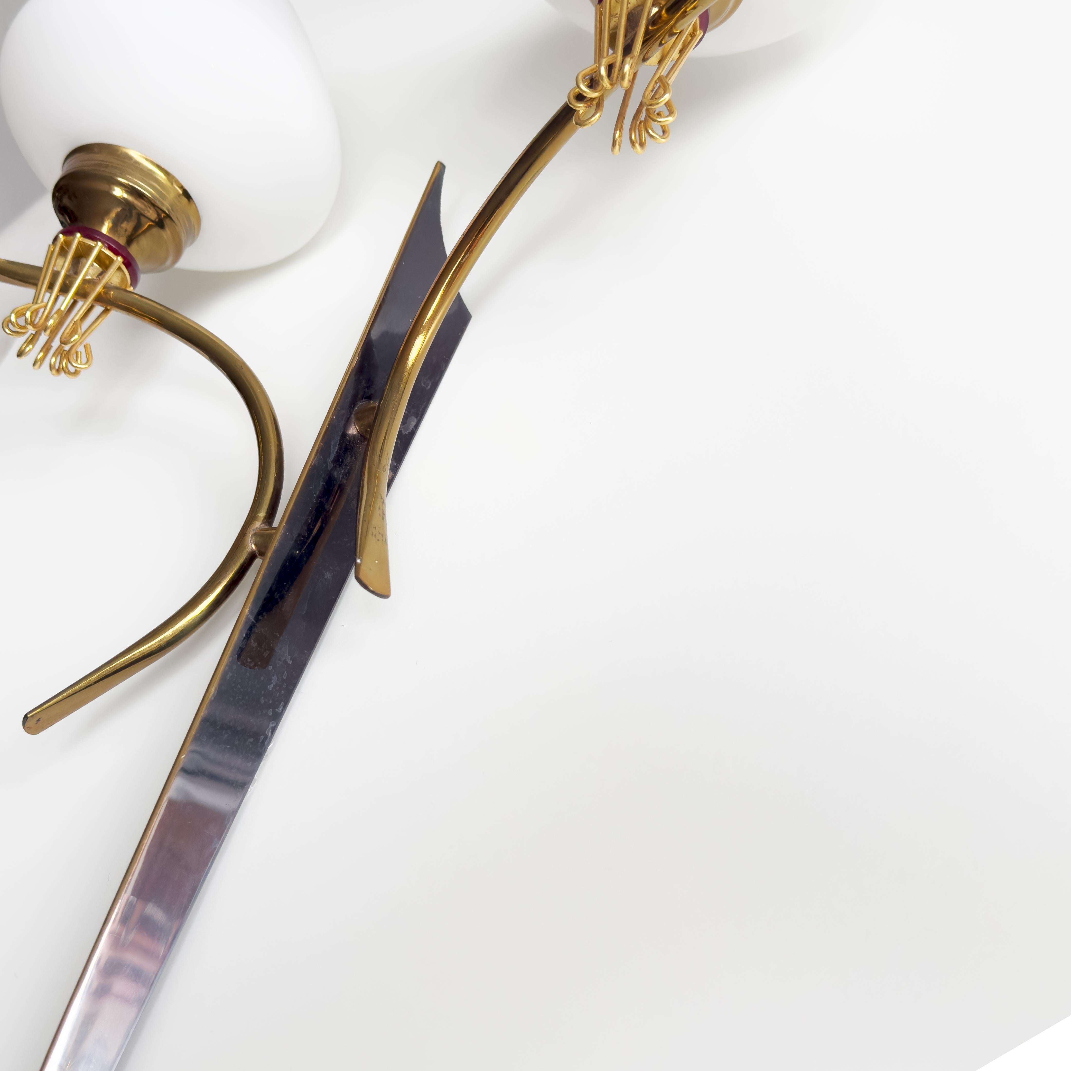 Metal 20th Century Pair of Wall Lamps by Maison Arlus in Gilded Brass & Opaline, 1960s For Sale