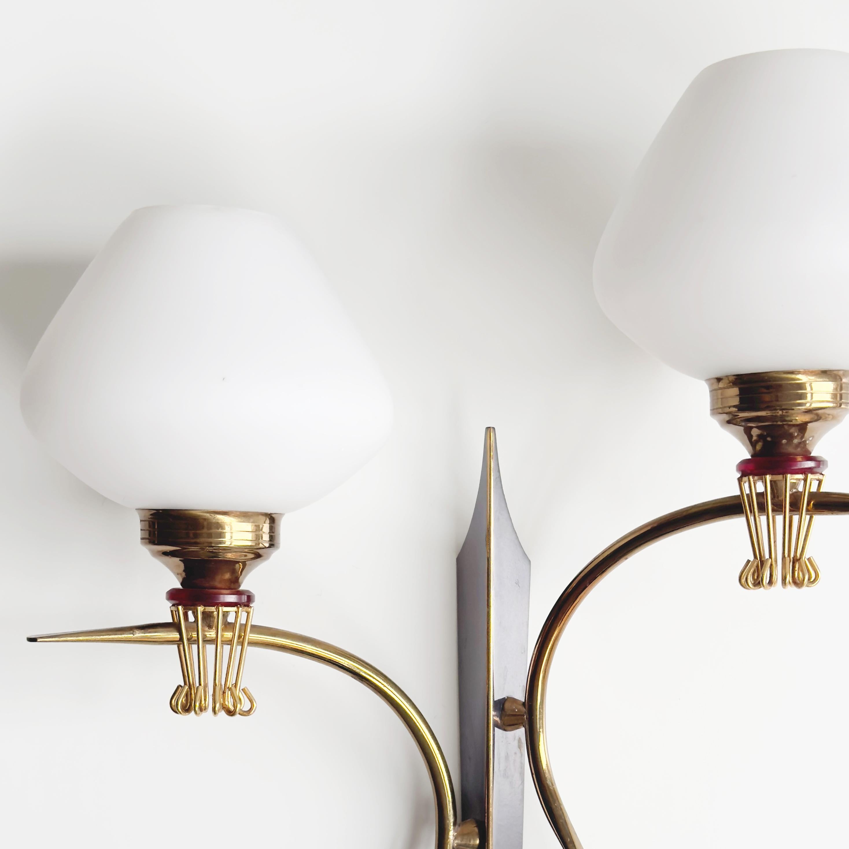 20th Century Pair of Wall Lamps by Maison Arlus in Gilded Brass & Opaline, 1960s For Sale 1