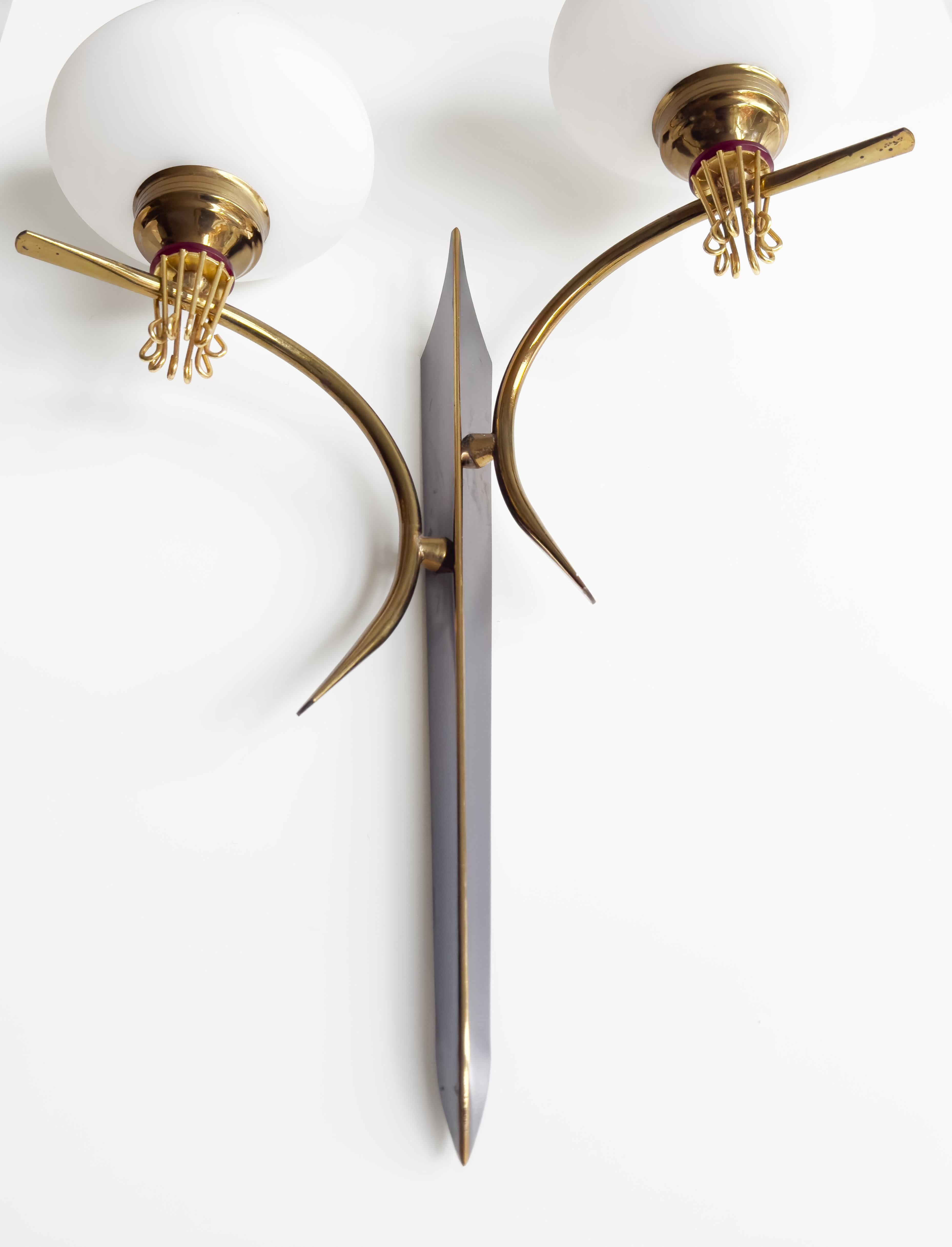 20th Century Pair of Wall Lamps by Maison Arlus in Gilded Brass & Opaline, 1960s For Sale 2