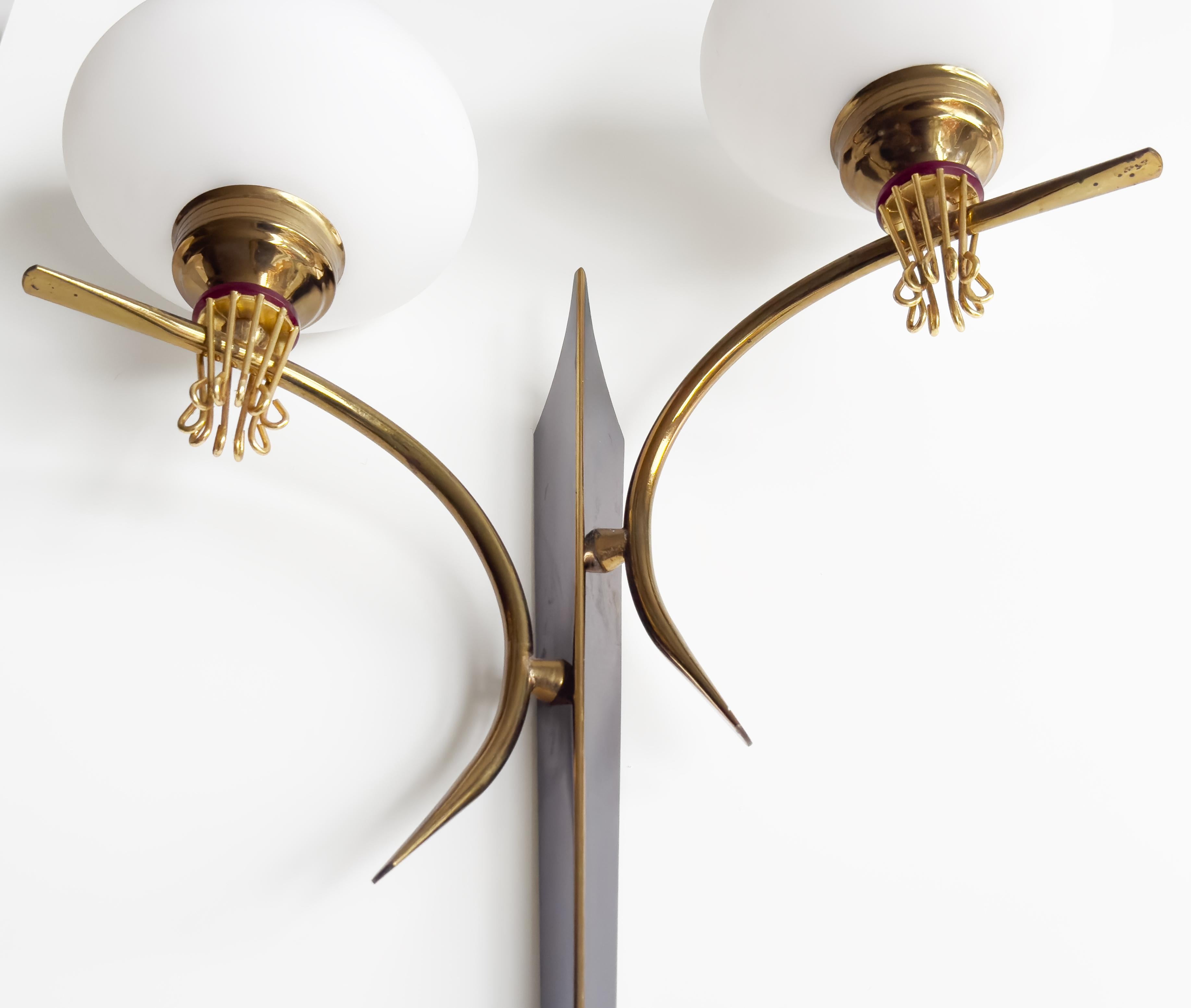 20th Century Pair of Wall Lamps by Maison Arlus in Gilded Brass & Opaline, 1960s For Sale 3
