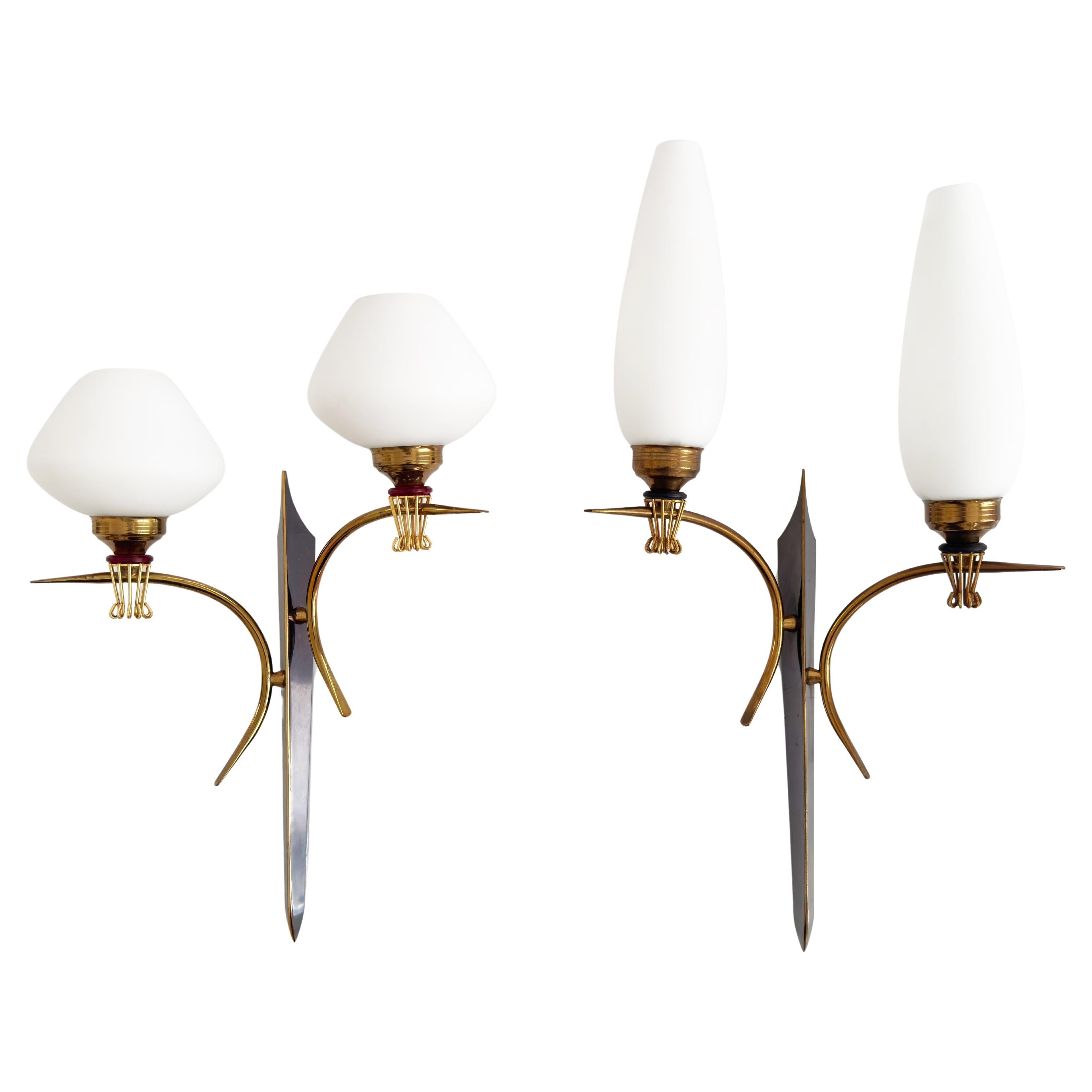 20th Century Pair of Wall Lamps by Maison Arlus in Gilded Brass & Opaline, 1960s For Sale