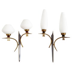 20th Century Pair of Wall Lamps by Maison Arlus in Gilded Brass & Opaline, 1960s