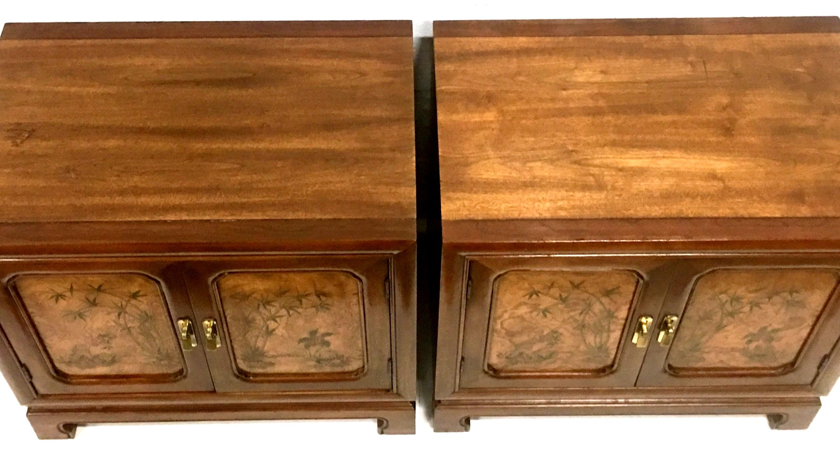 American 20th Century Pair of Walnut & Burl Wood Oriental Nightstands by, John Widdicomb For Sale