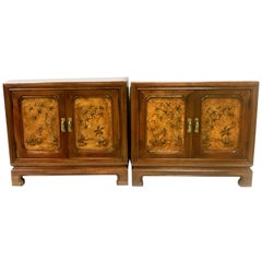 20th Century Pair of Walnut & Burl Wood Oriental Nightstands by, John Widdicomb